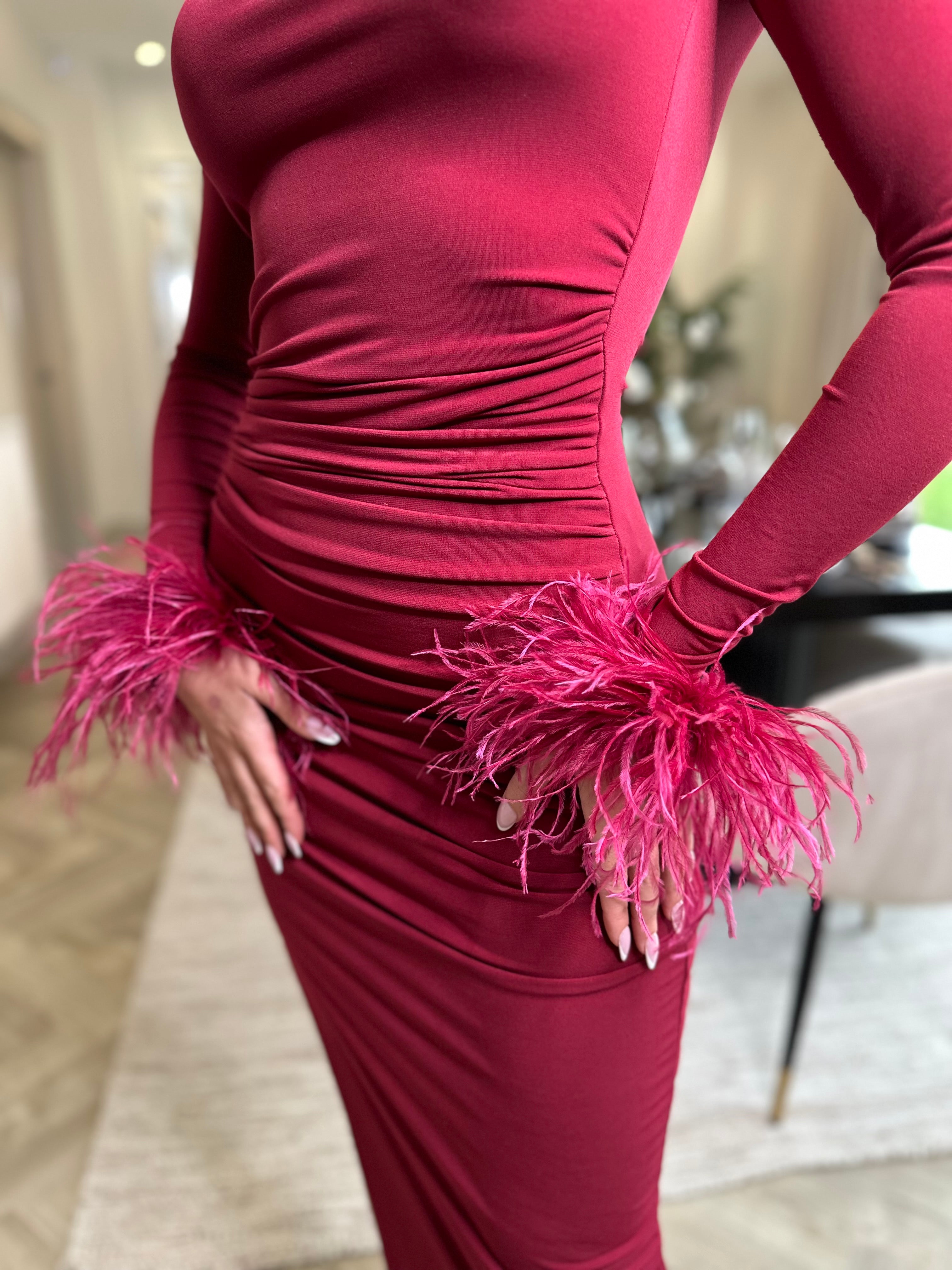 Kourtney Midi Ostrich Feather Dress Wine