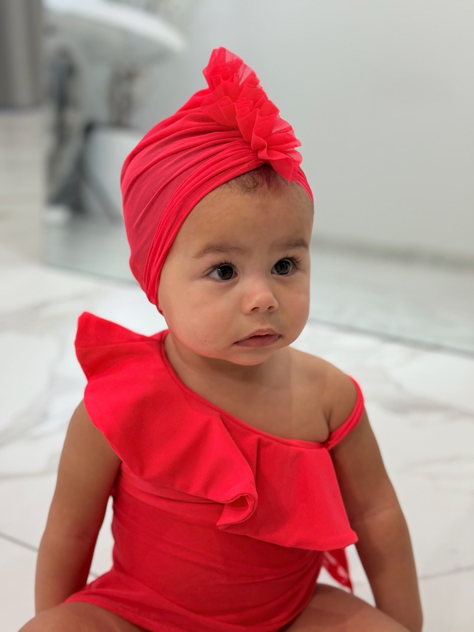 Mini Neon Red Ruffle Turban
