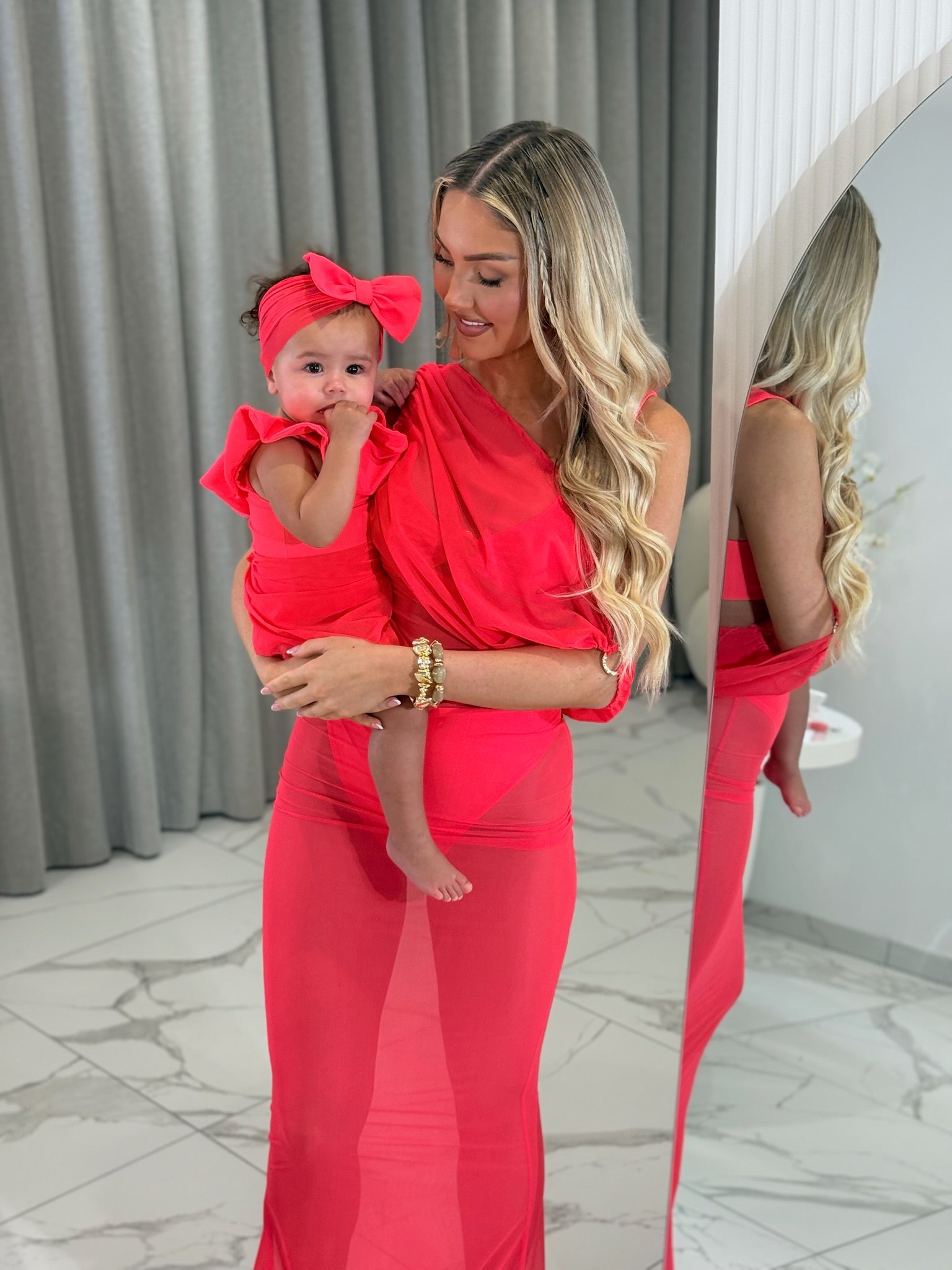 Neon Red Gold Ring Mesh Dress