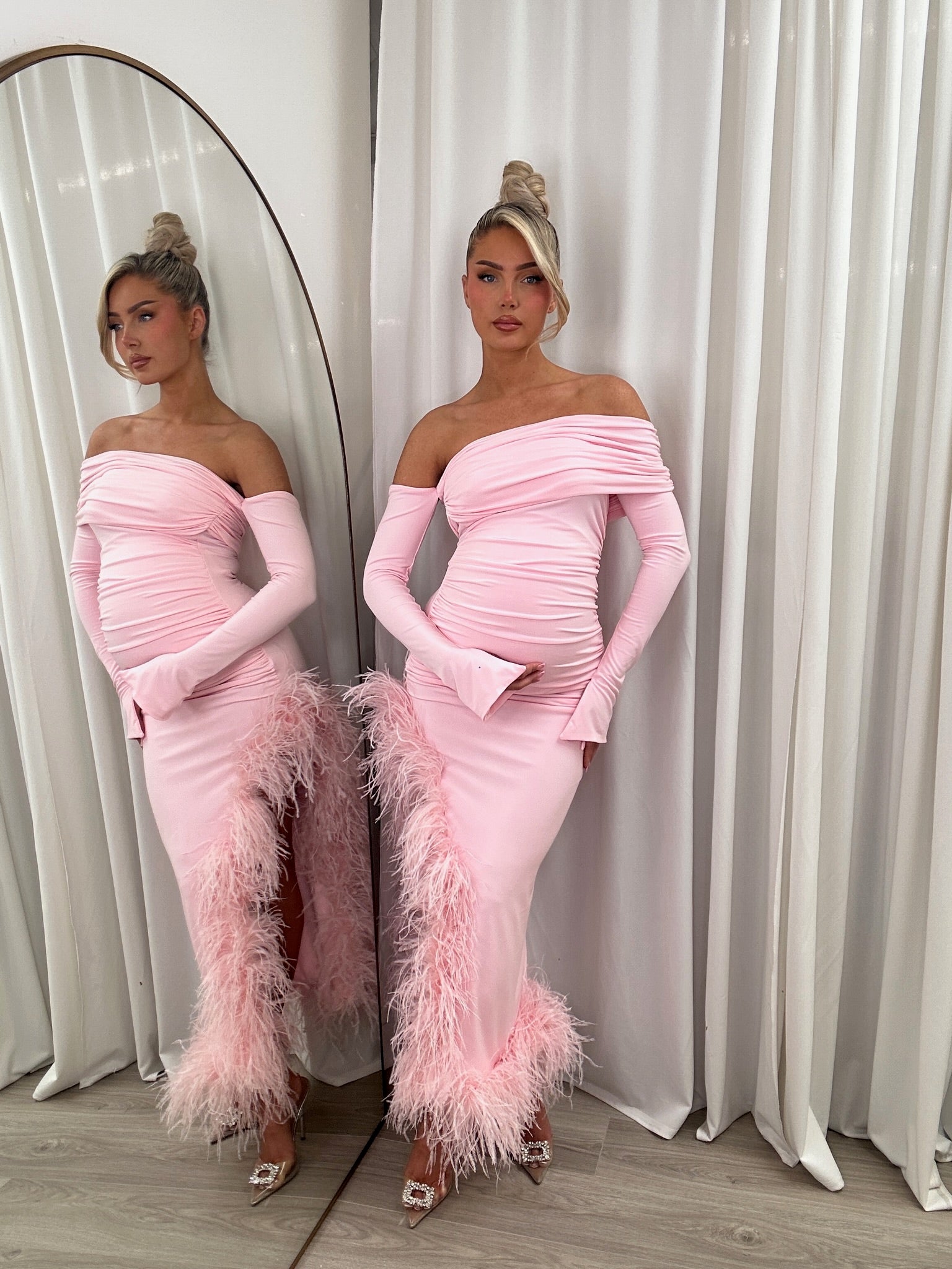 April Two Sleeve Maternity Ostrich Feather Dress Baby Pink