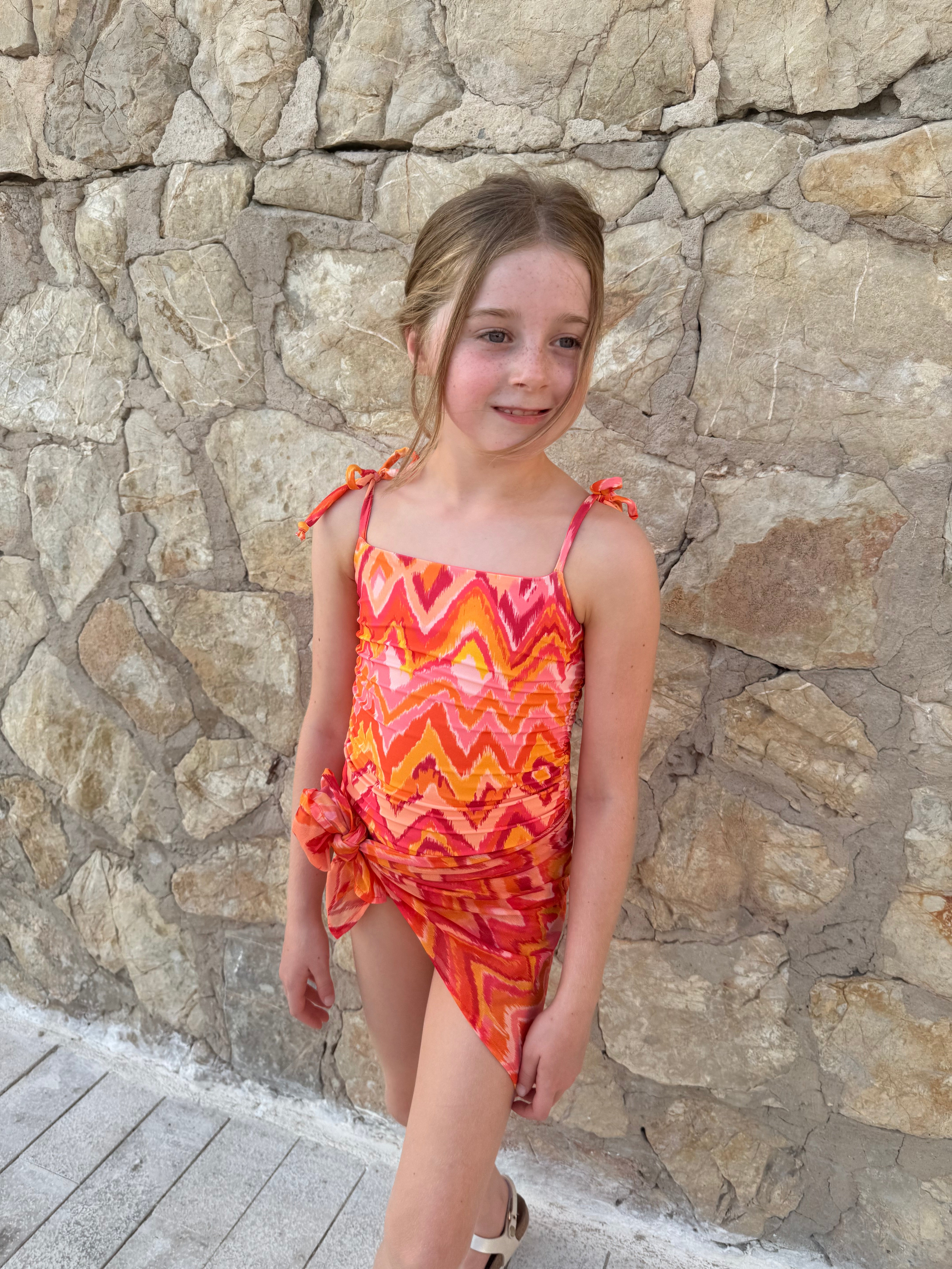 Mini Marrakesh Orange Gathered Tie Shoulder Swimsuit