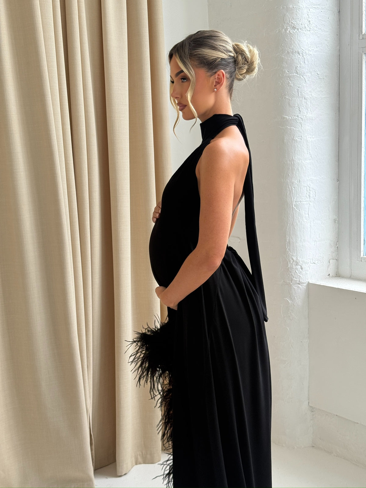 Aria Halter Neck Maternity Ostrich Feather Dress Black