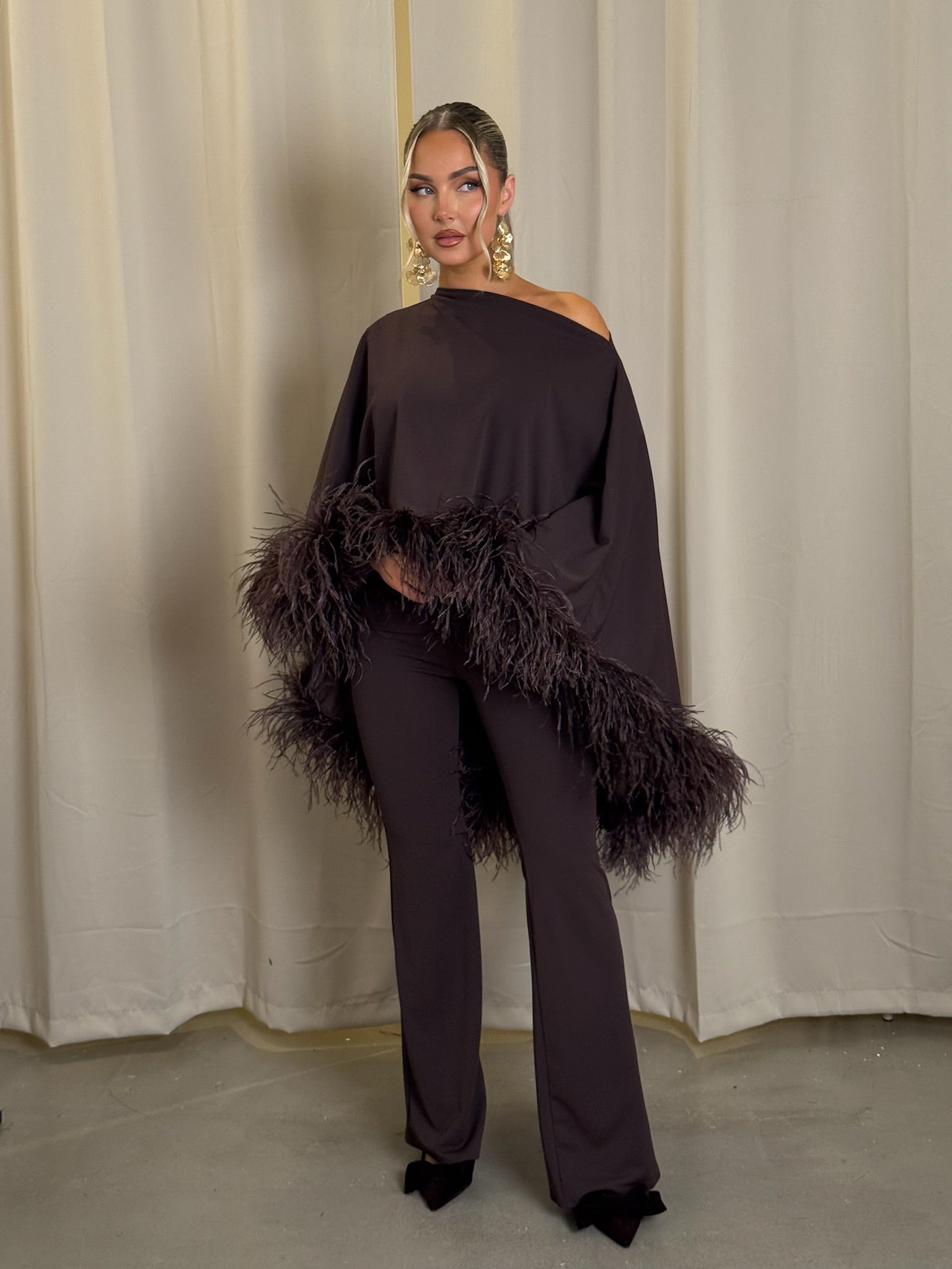 Kylie Cape Trouser Set Chocolate brown