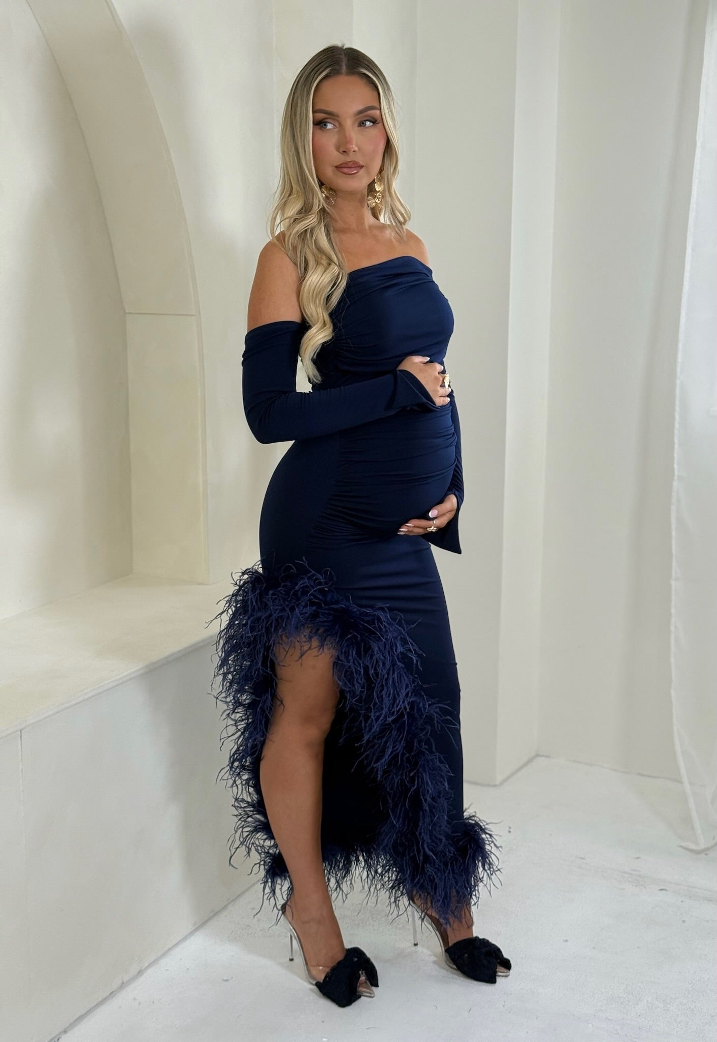 April Two Sleeve Maternity Ostrich Feather Dress navy blue
