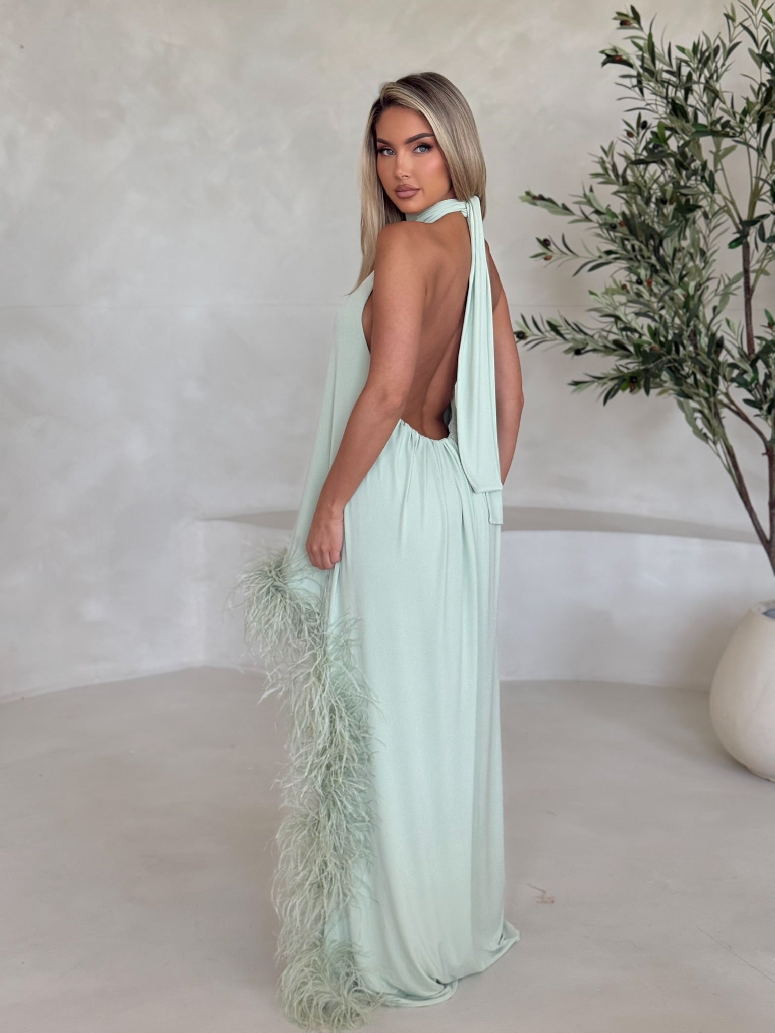 Aria Halter Neck Ostrich Feather Dress Matcha