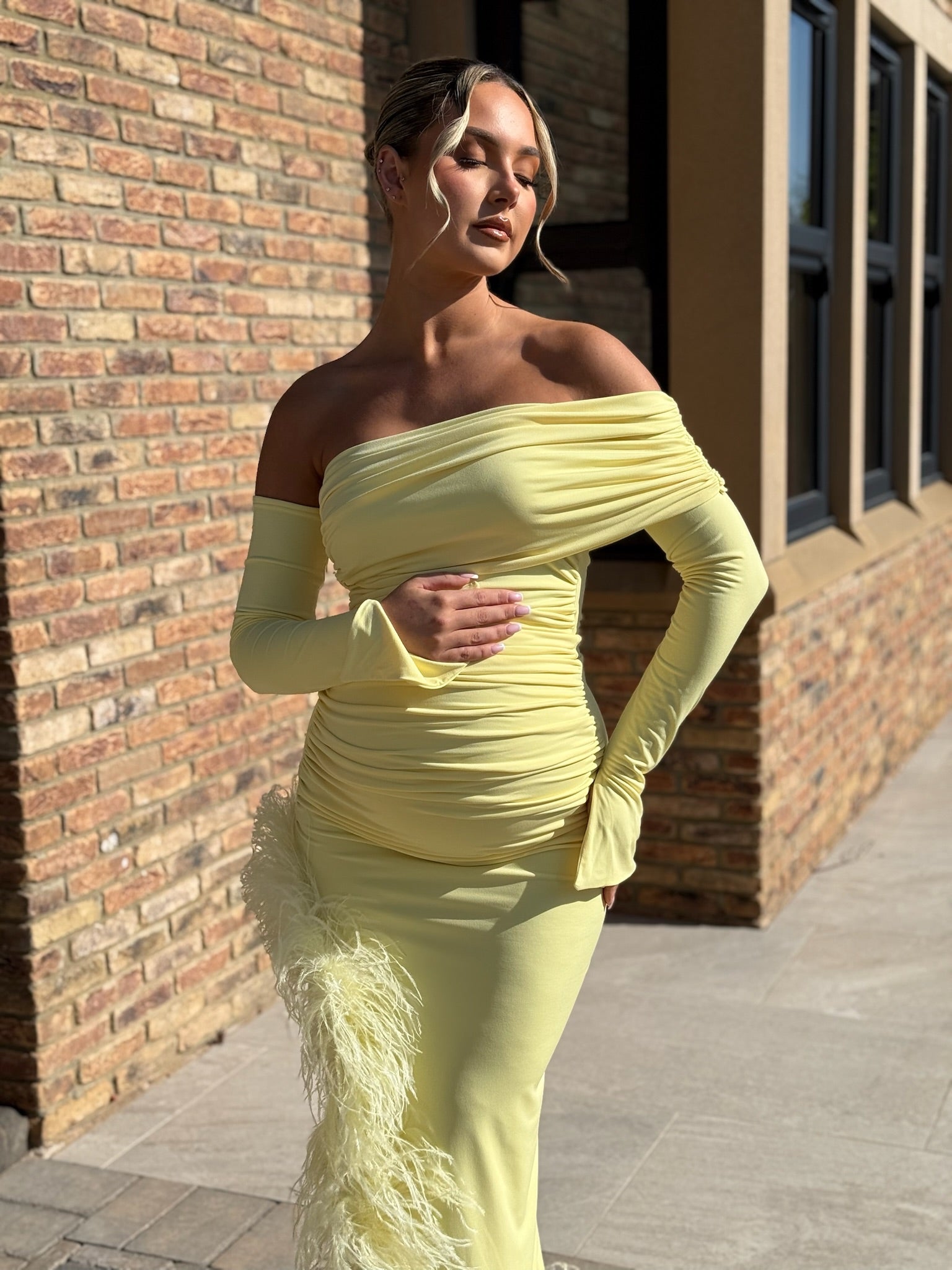 April Two Sleeve Maternity Ostrich Feather Dress Yellow