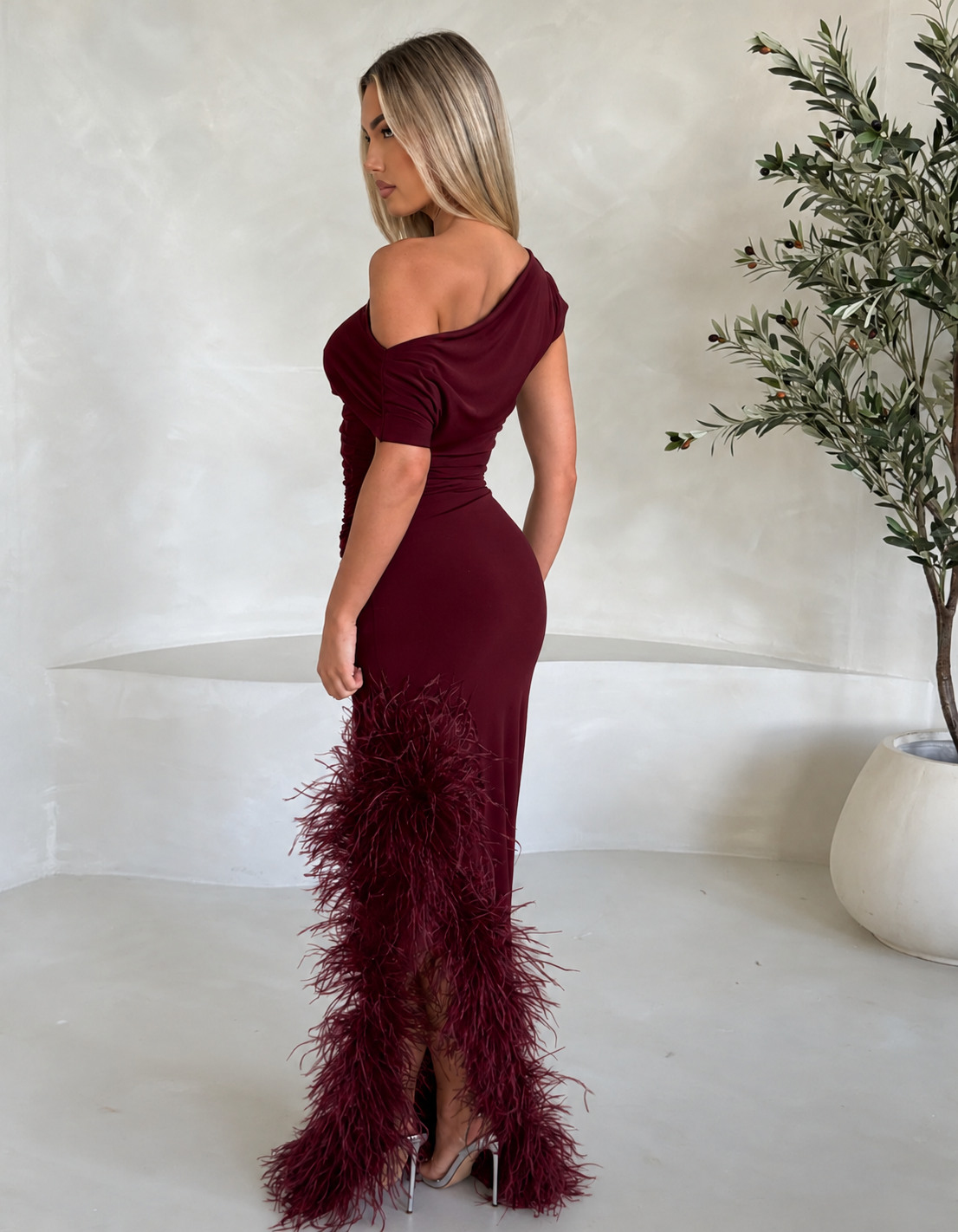 Sydney Ostrich Feather Dress Wine