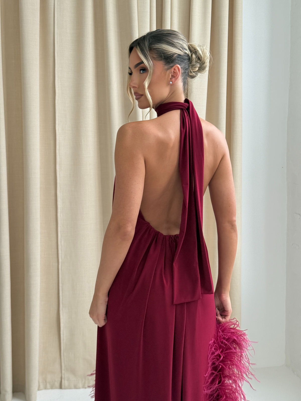 Aria Halter Neck Maternity Ostrich Feather Dress Wine