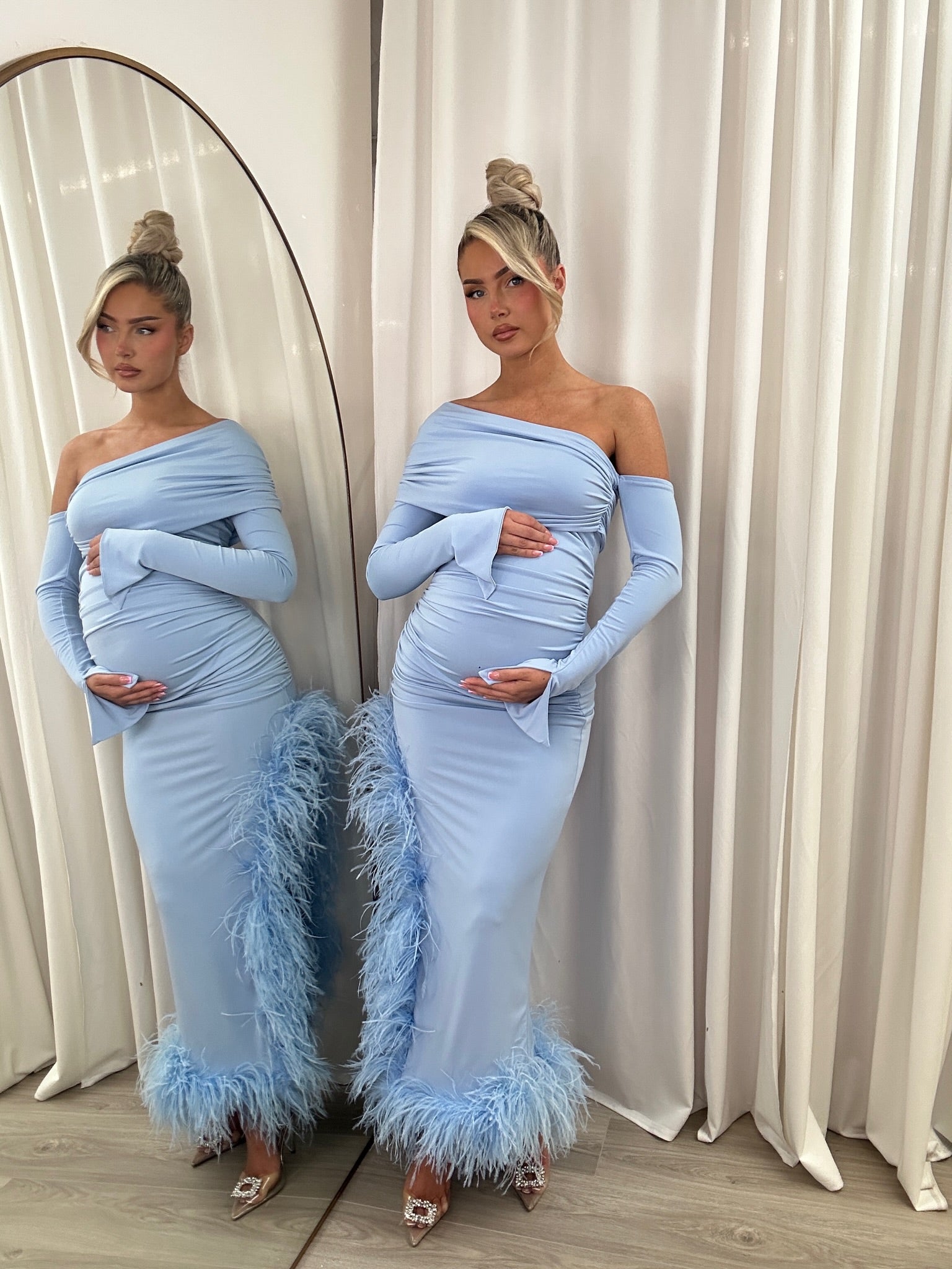 April Two Sleeve Maternity Ostrich Feather Dress Baby Blue