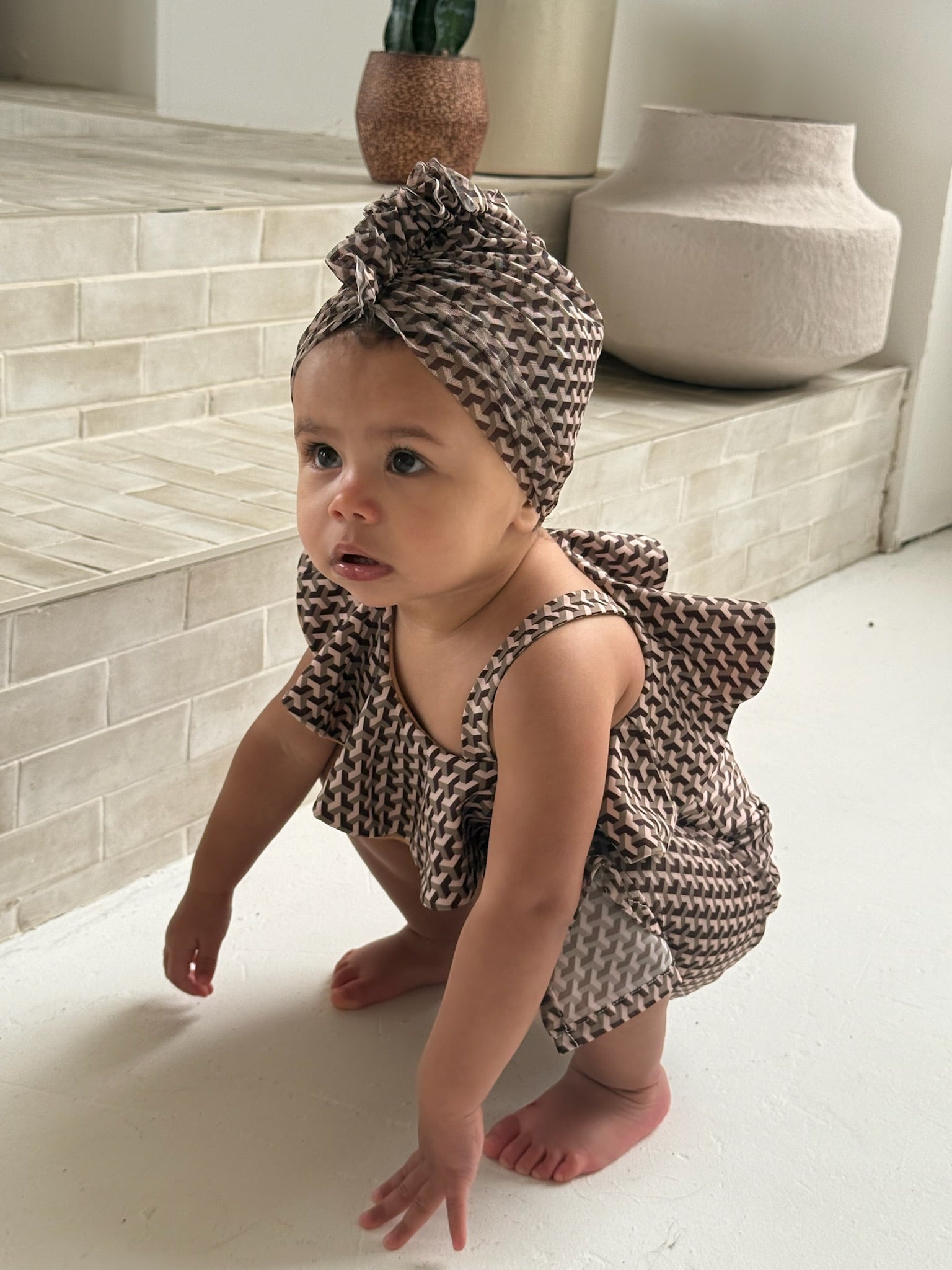 Mini Miami Taupe Ruffle Turban