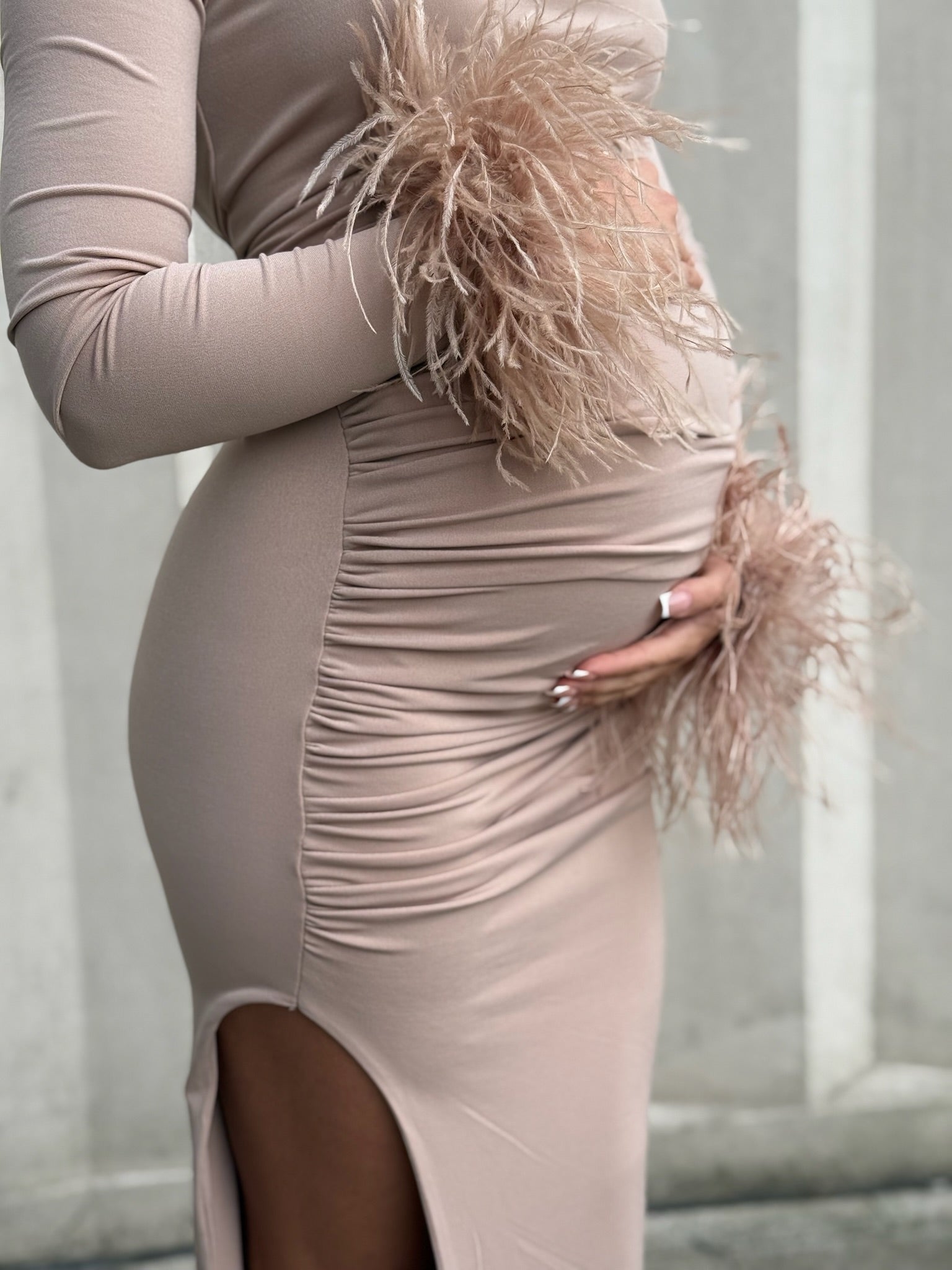 Kourtney Midi Ostrich Feather Maternity Dress Beige