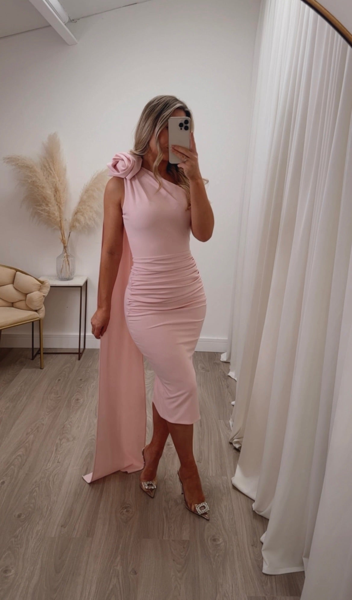 blush pink dress midi LEO LIN - Caroline Lace Short Sleeves Loosely Fitted Midi Dress Light Pink V