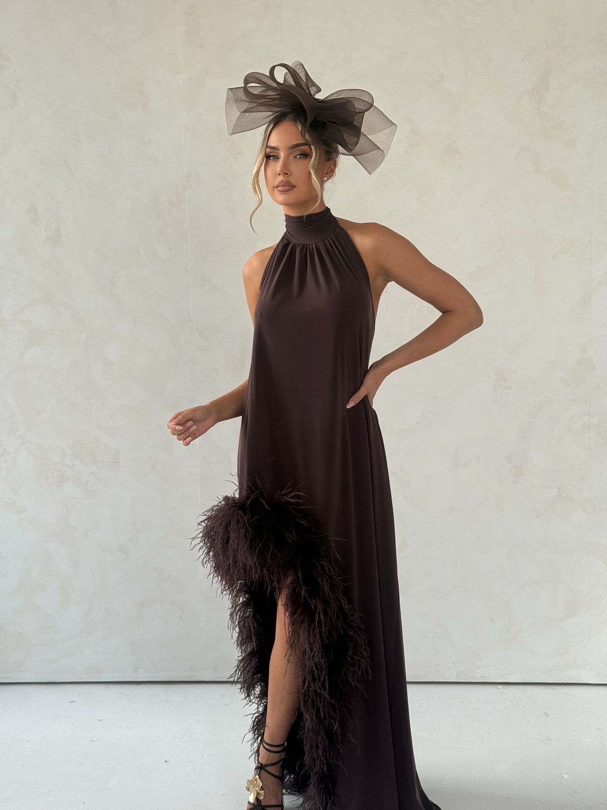 Aria Halter Neck Ostrich Feather Dress Chocolate