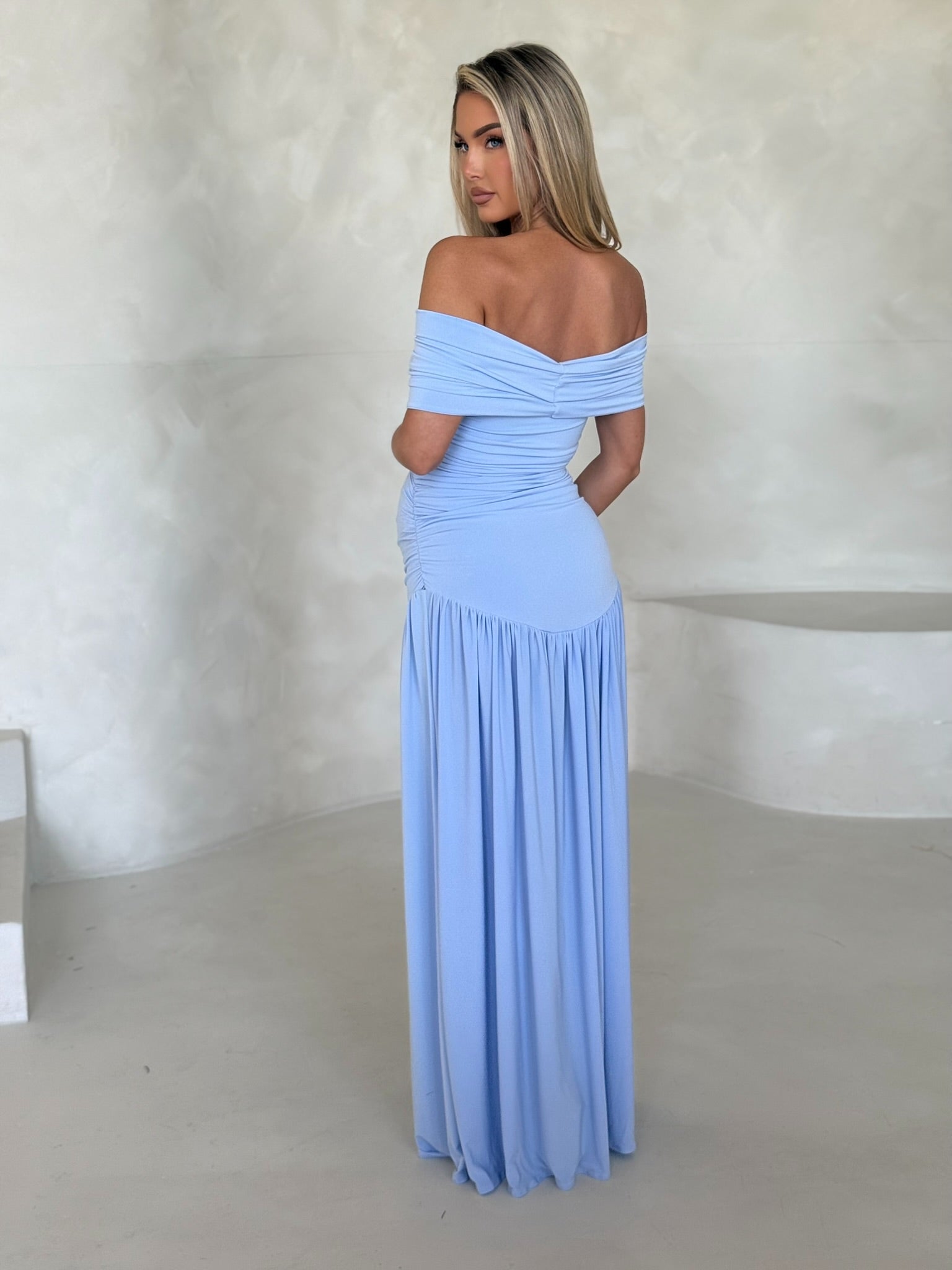Isla Maternity Off the Shoulder maxi Dress Baby Blue