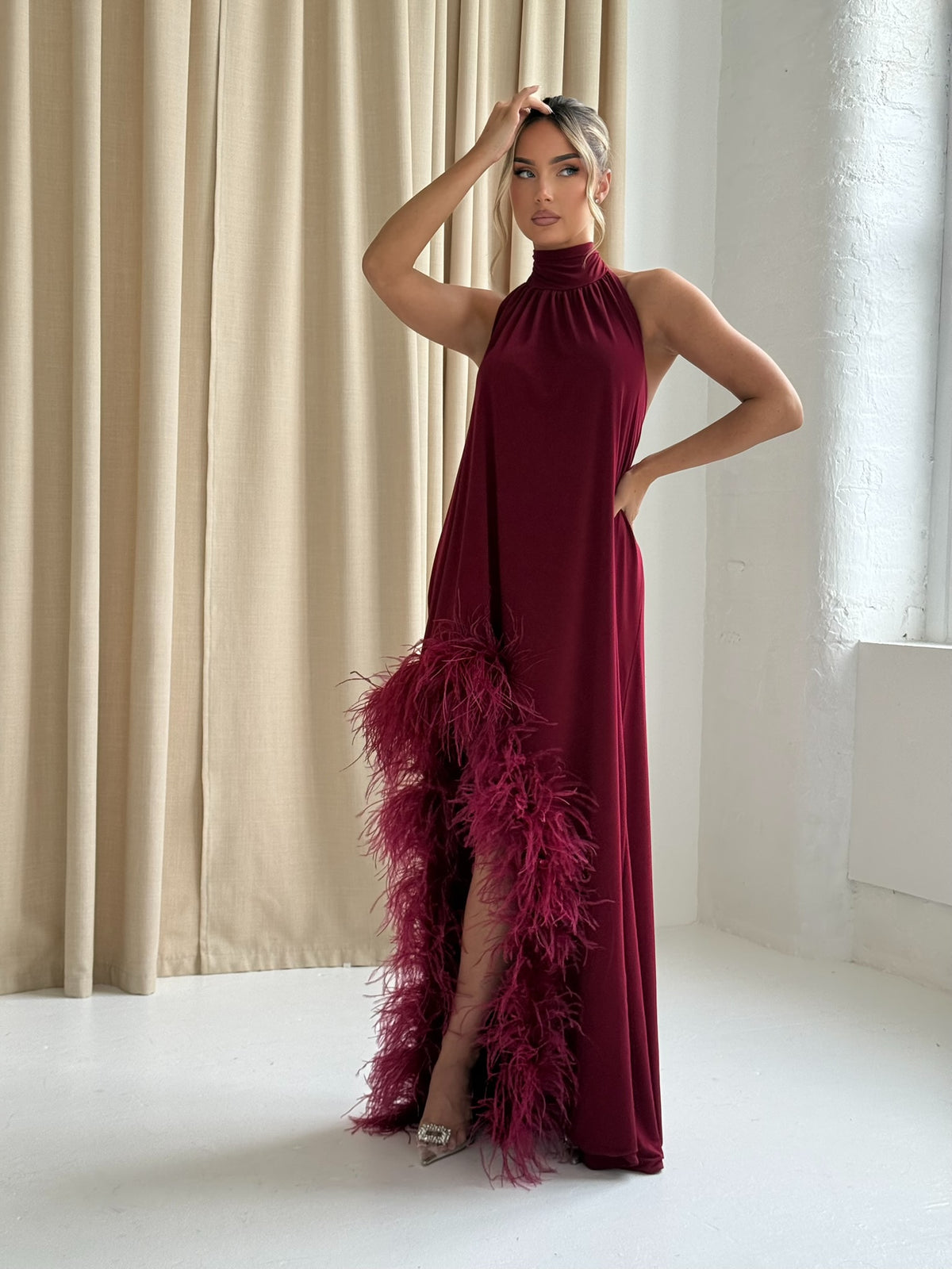 Aria Halter Neck Ostrich Feather Dress Wine