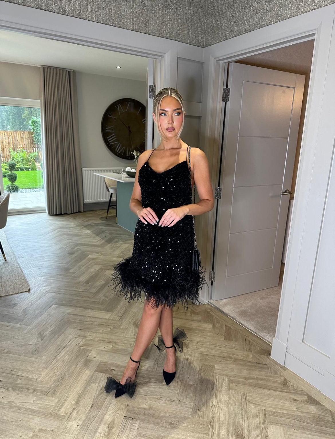 Sequin Feather Hem Shift Dress Black