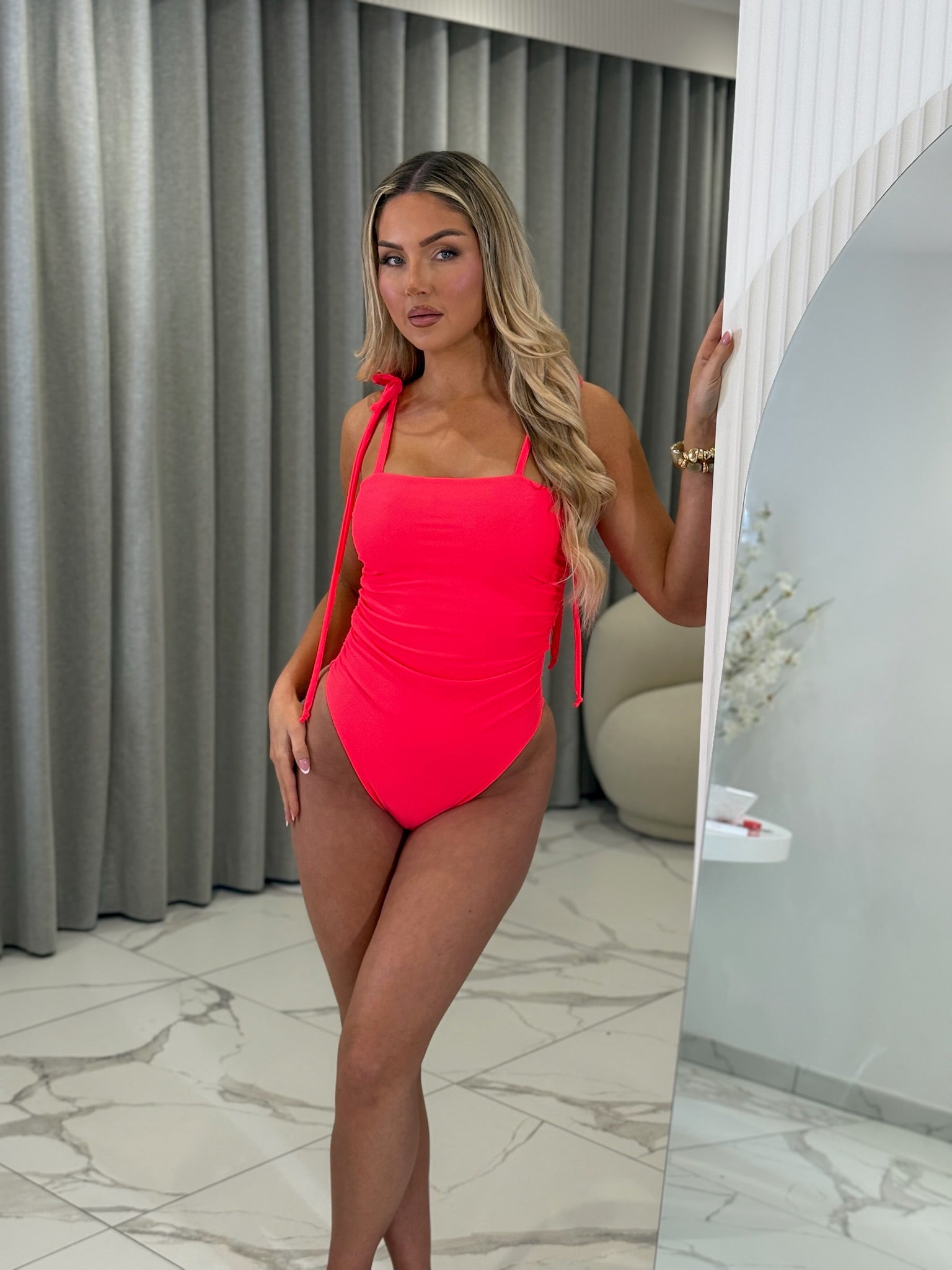 Neon Red Gathered Tie Shoulder Swimsuit