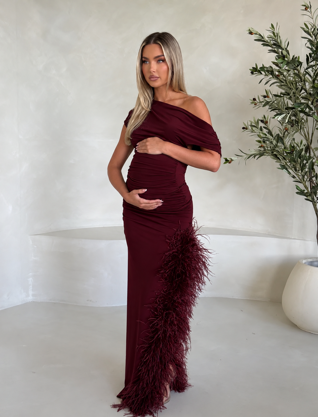 Sydney Maternity Ostrich Feather Dress Wine