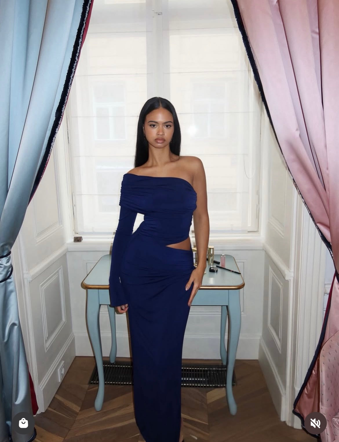 Olivia Asymmetric one sleeve Dress Navy Blue