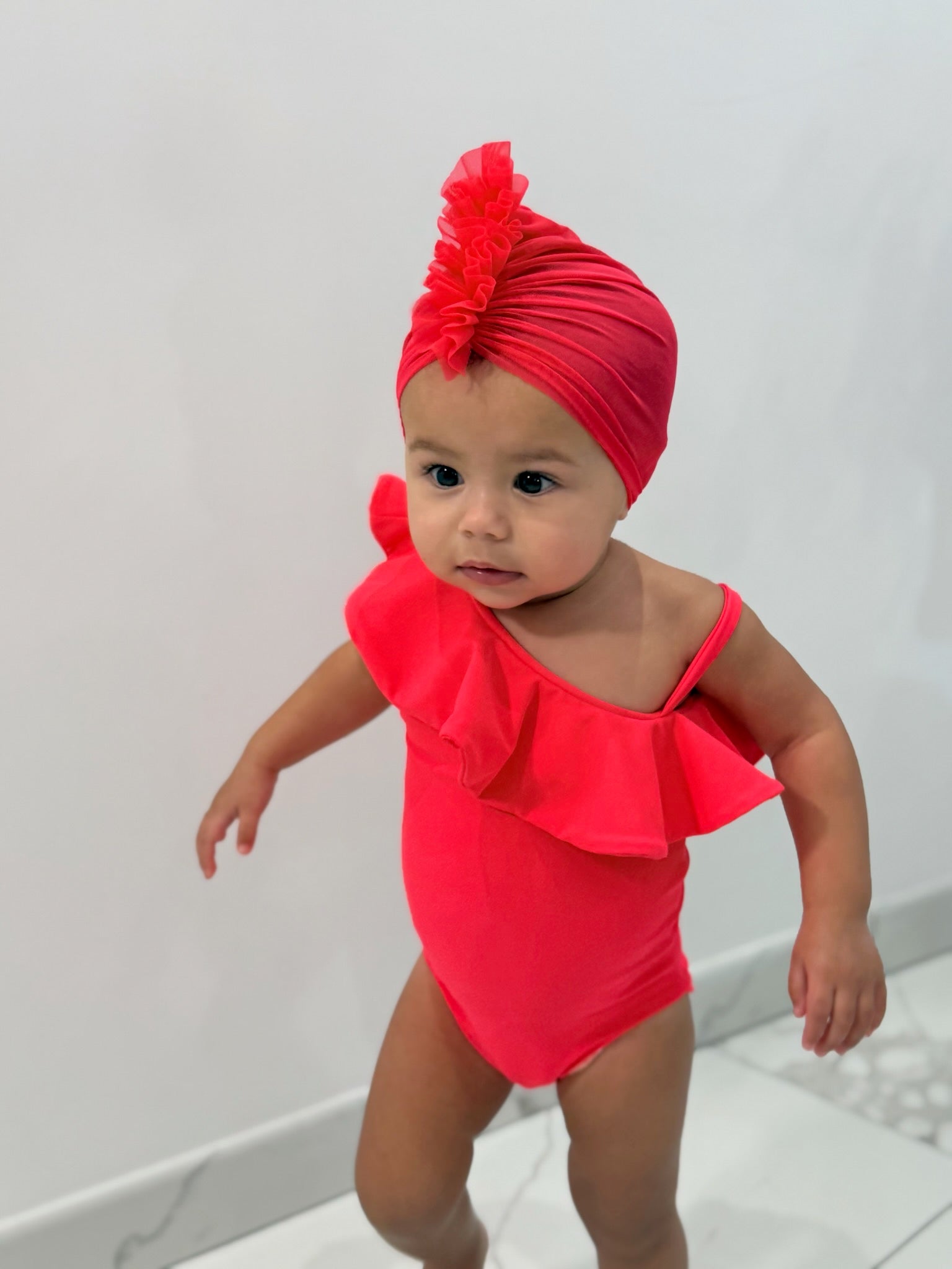 Mini Neon Red Ruffle Turban