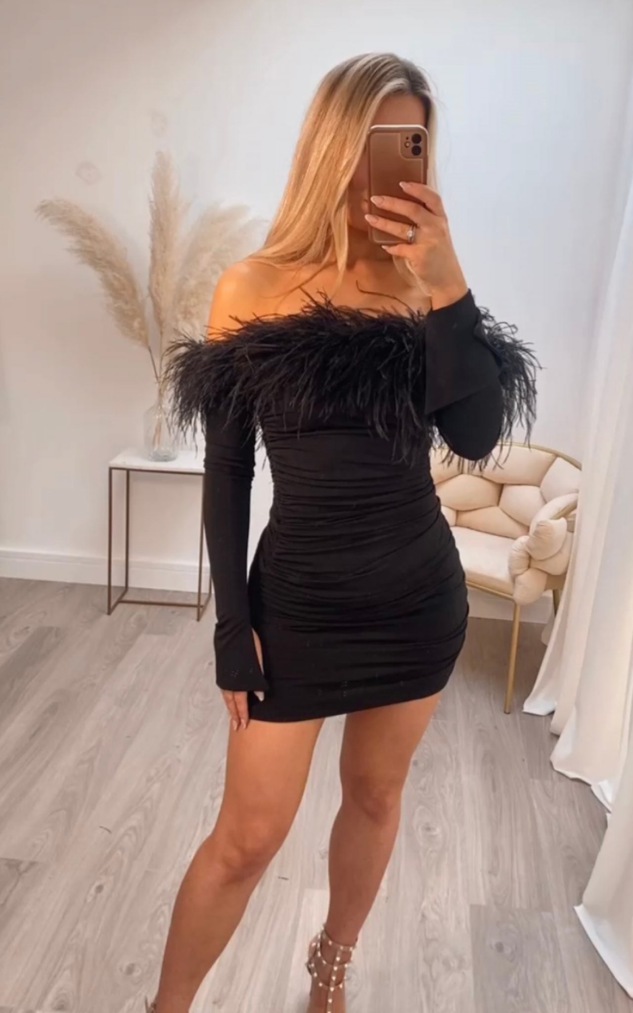 Carrie Ostrich Mini Dress Black