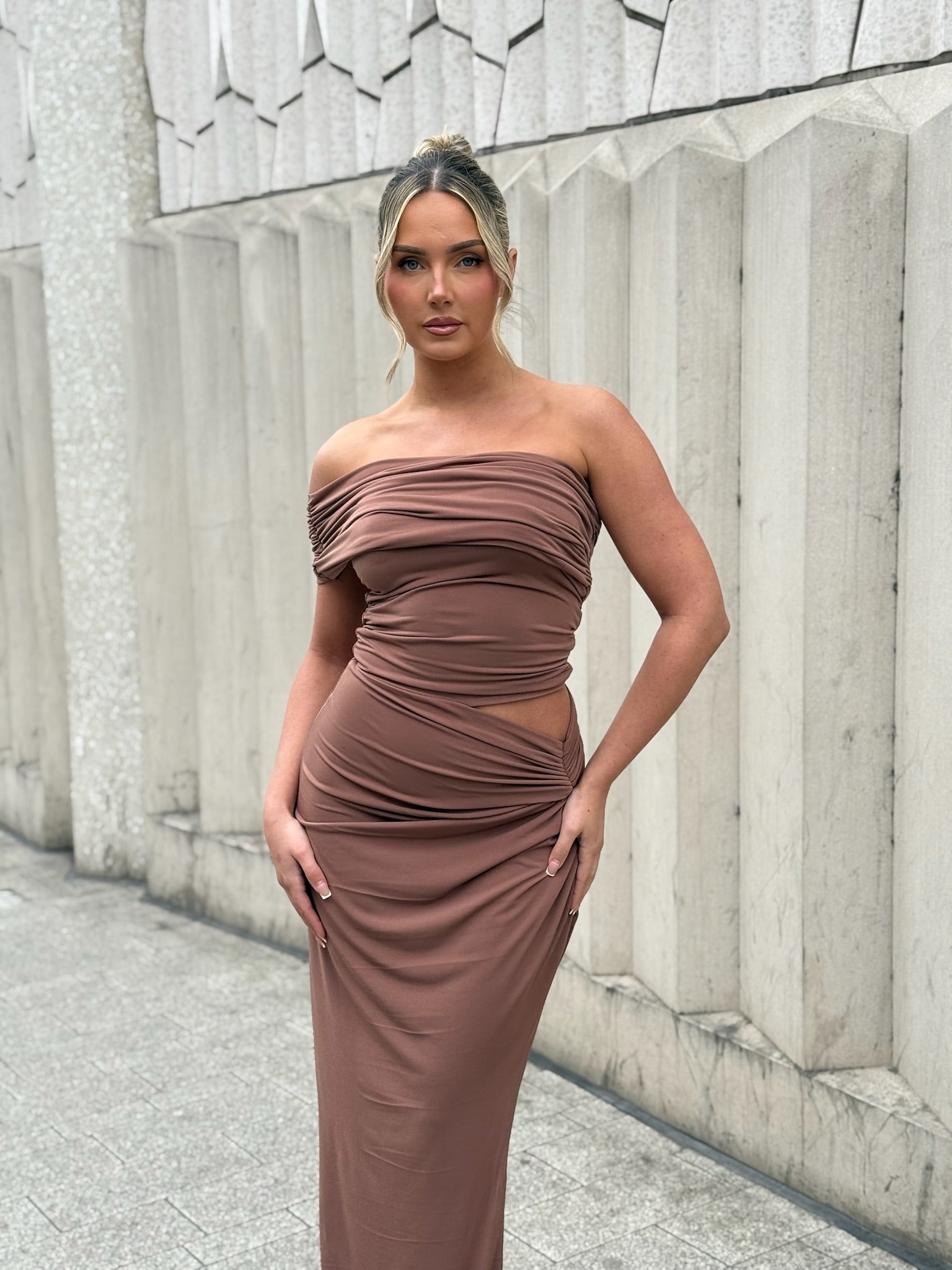 Olivia Asymmetric sleeveless Dress Almond Brown