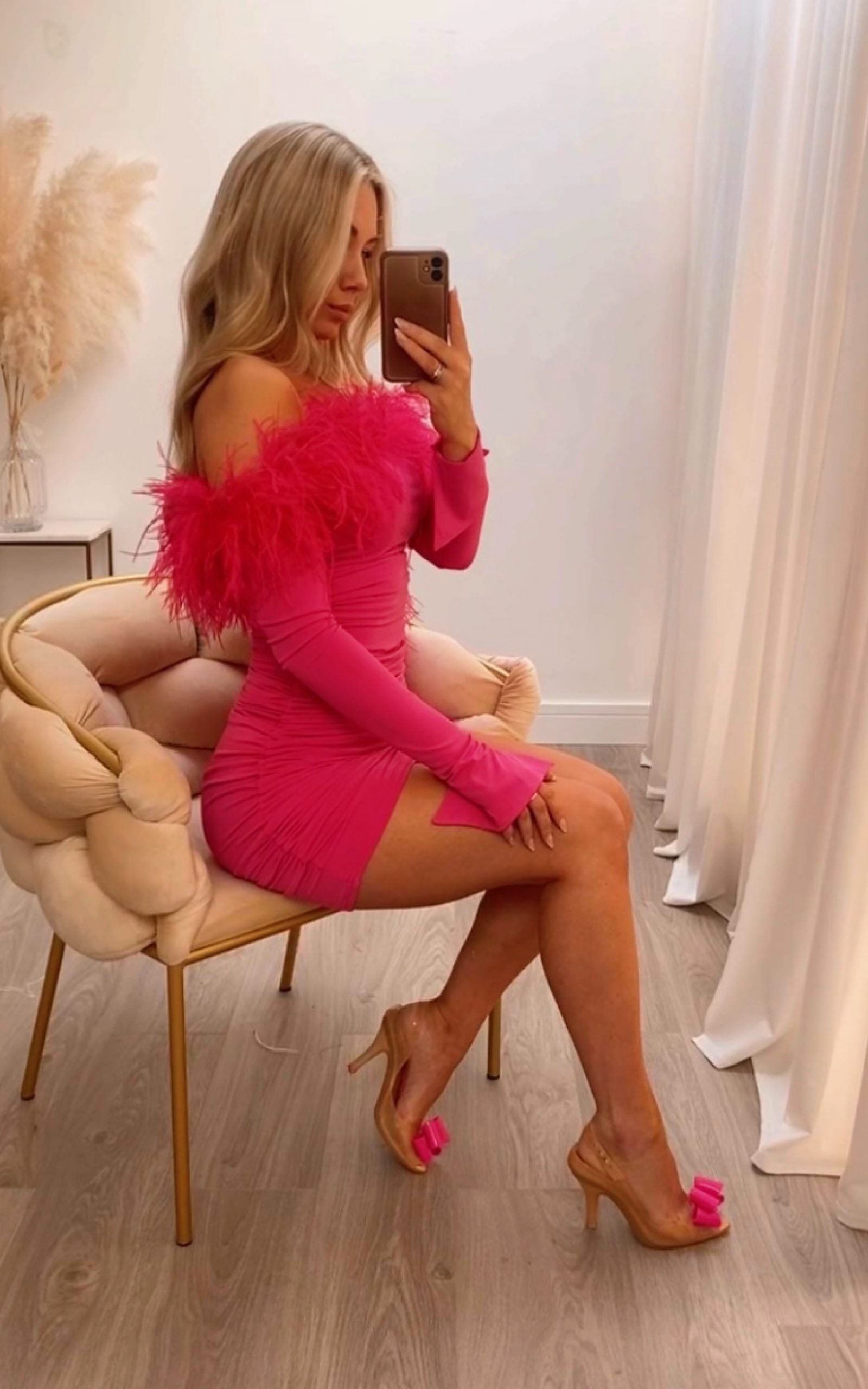 Carrie Ostrich Mini Dress Hot Pink