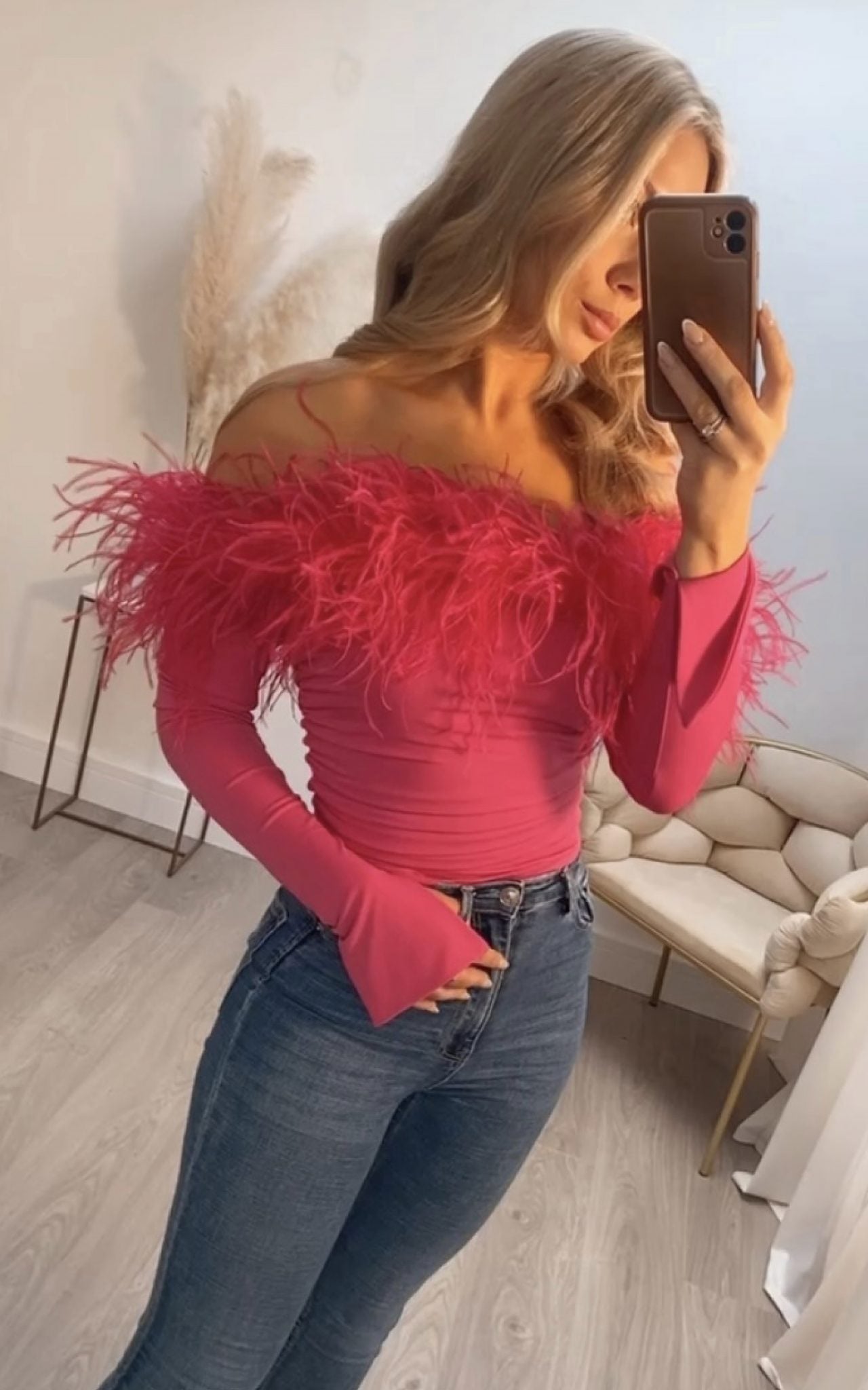 Carrie Ostrich Top Hot Pink