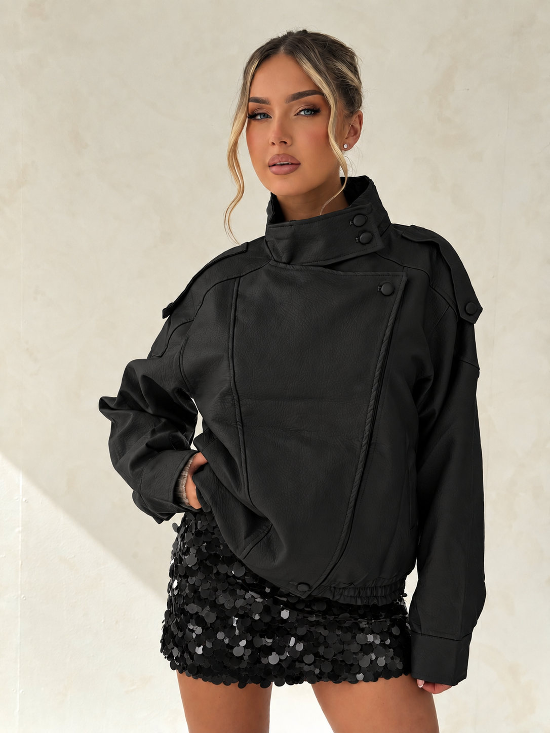 Black Faux Leather Utility Jacket
