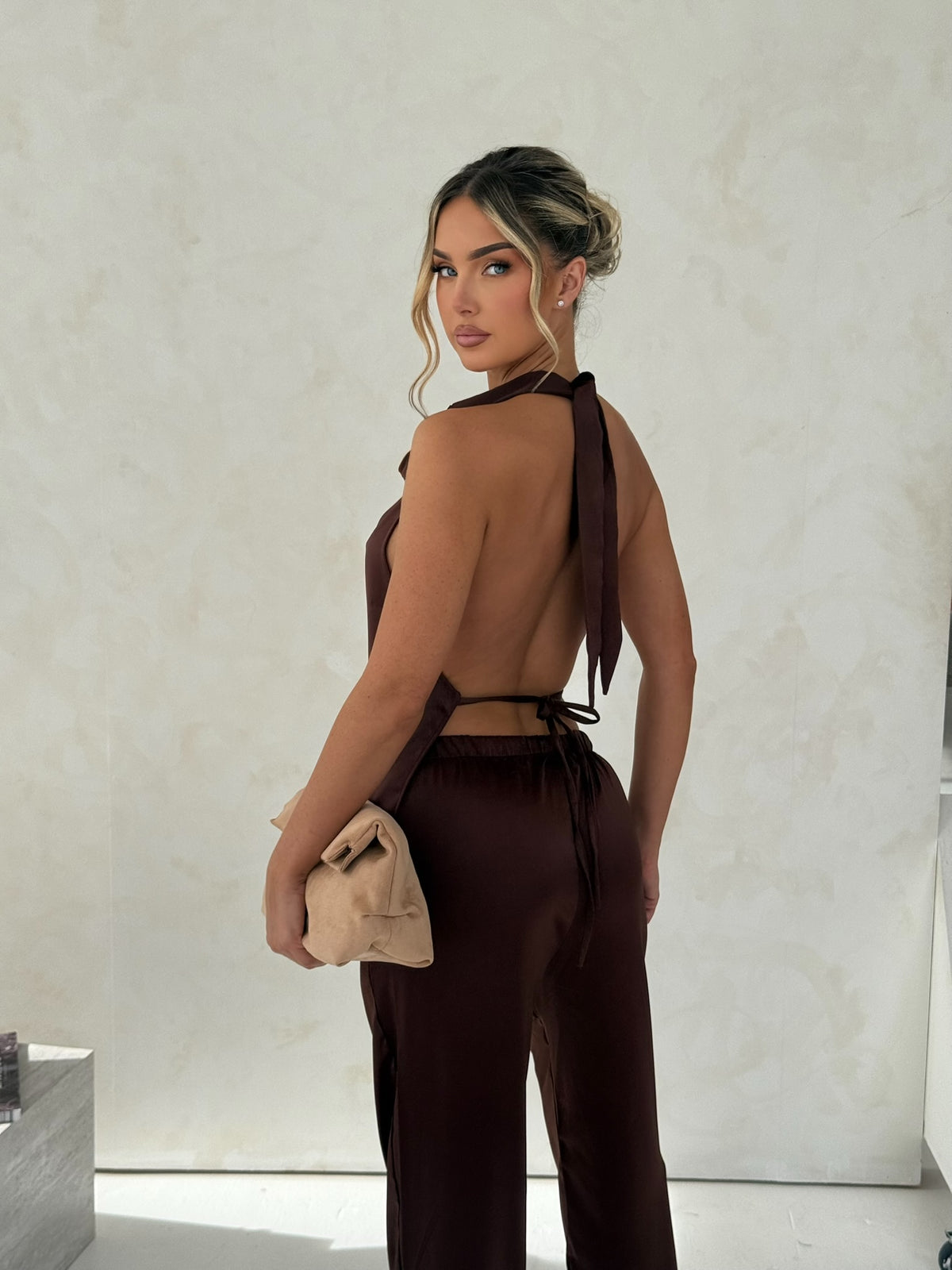 Chocolate Satin Halter Top & Trouser Set