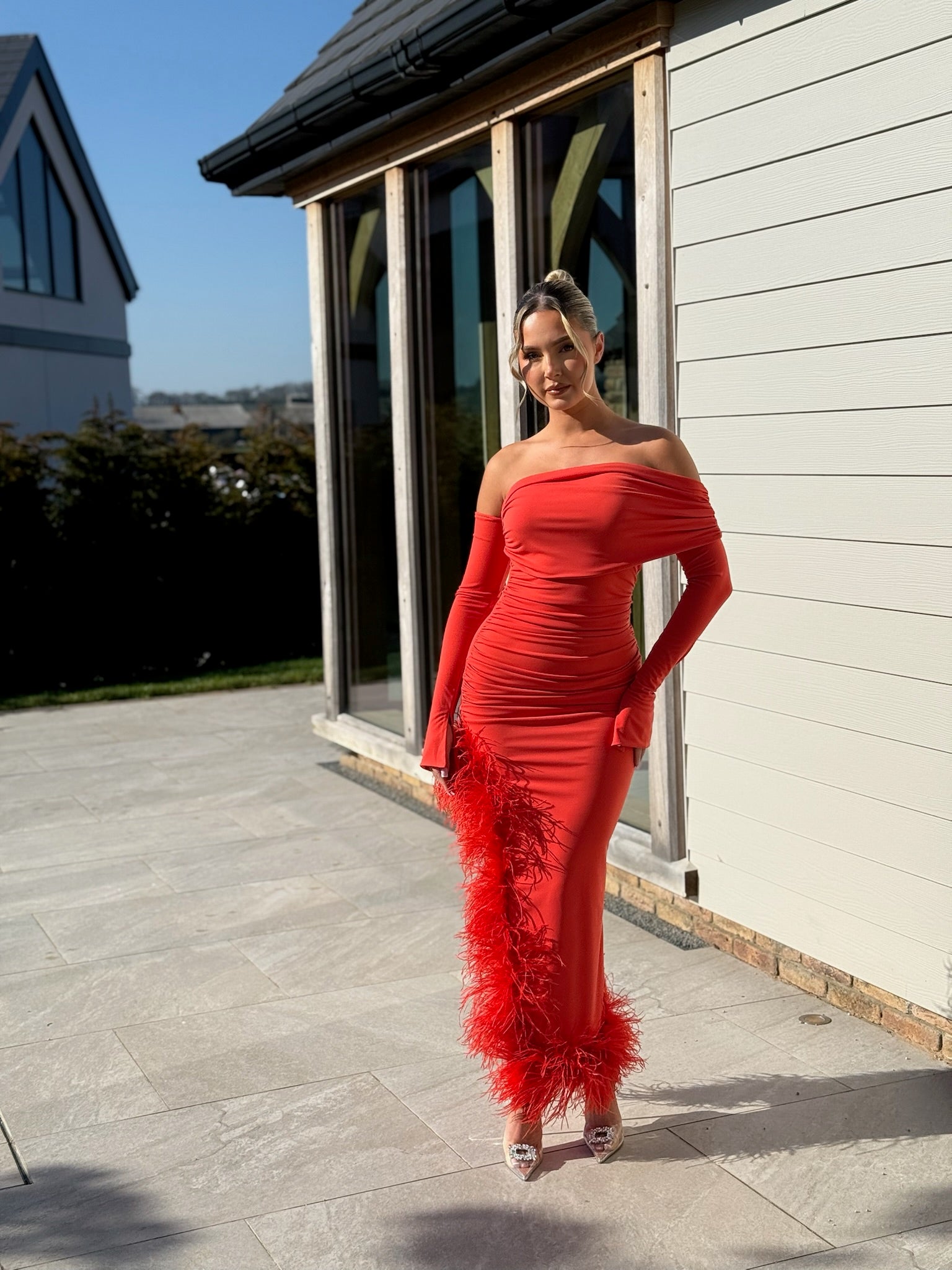 April Two Sleeve Midi Ostrich Feather Dress Blood Orange