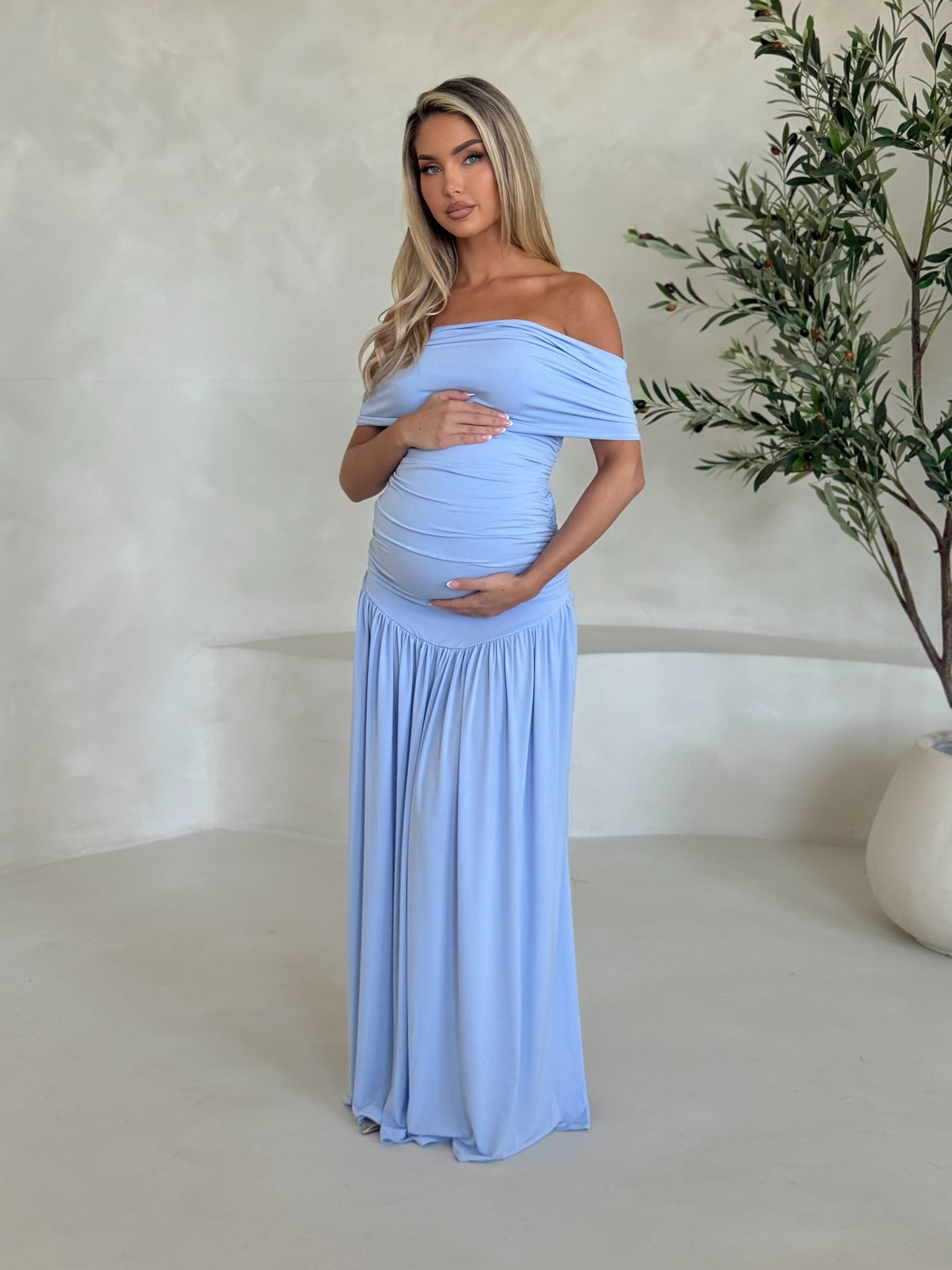 Isla Maternity Off the Shoulder maxi Dress Baby Blue