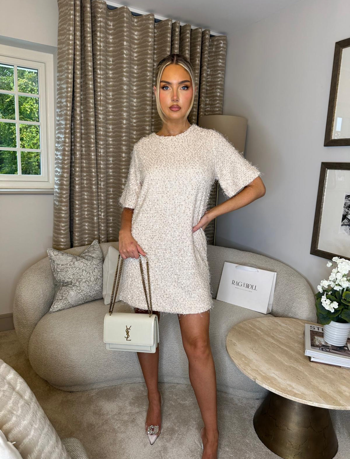 Sequin Shift Dress Cream