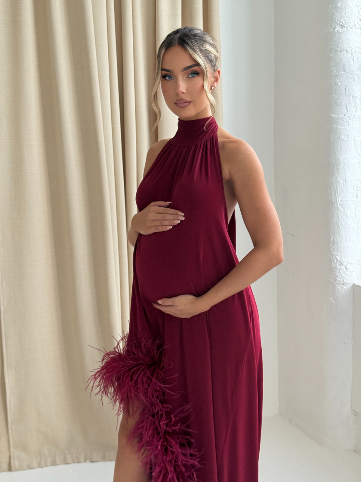 Aria Halter Neck Maternity Ostrich Feather Dress Wine