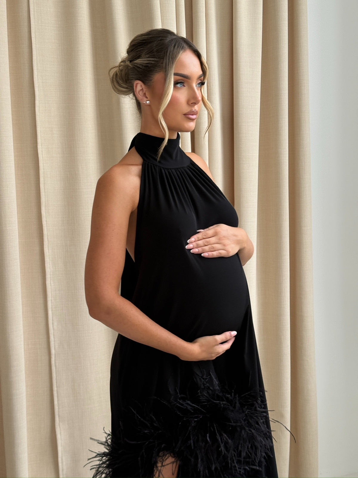 Aria Halter Neck Maternity Ostrich Feather Dress Black