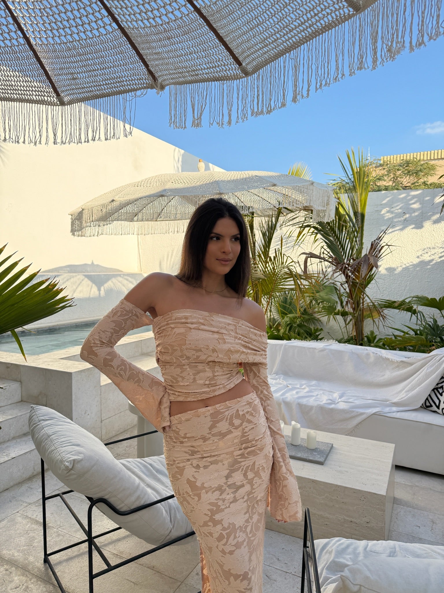 Eden Two Sleeve Two Piece Set Nude Floral