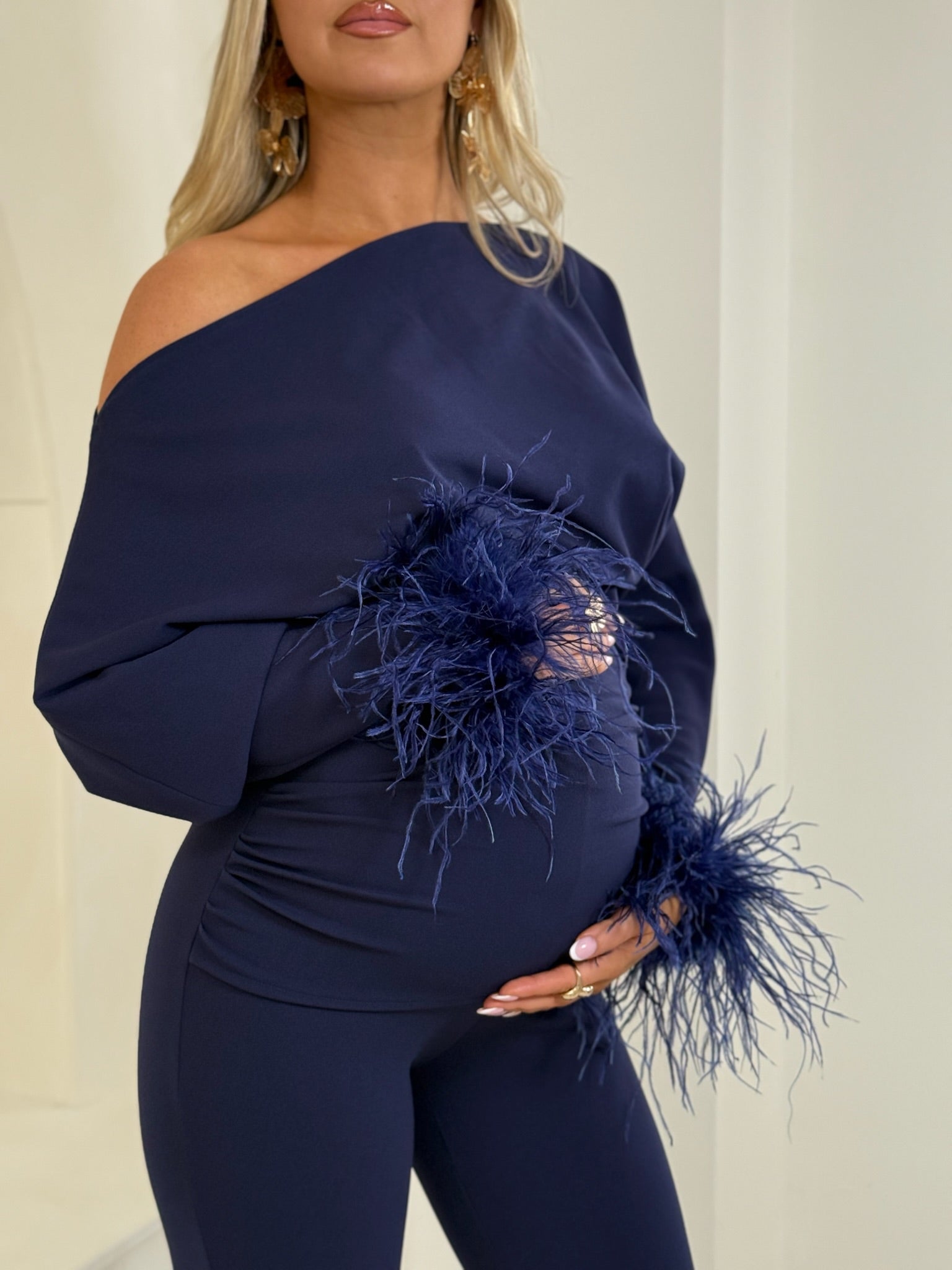 Arella Maternity Feather Jumpsuit Navy Blue