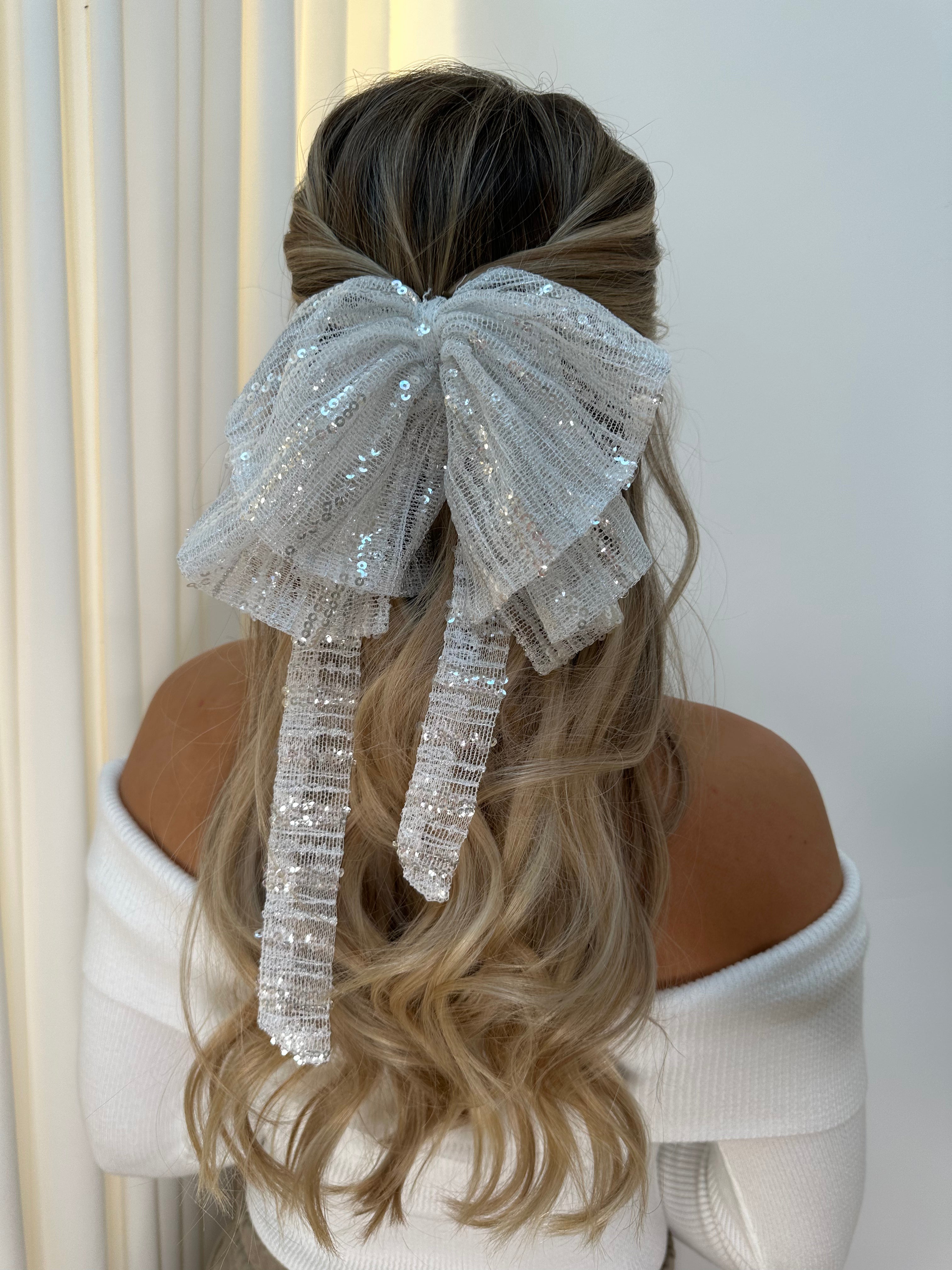 Hair Bow White Sequin