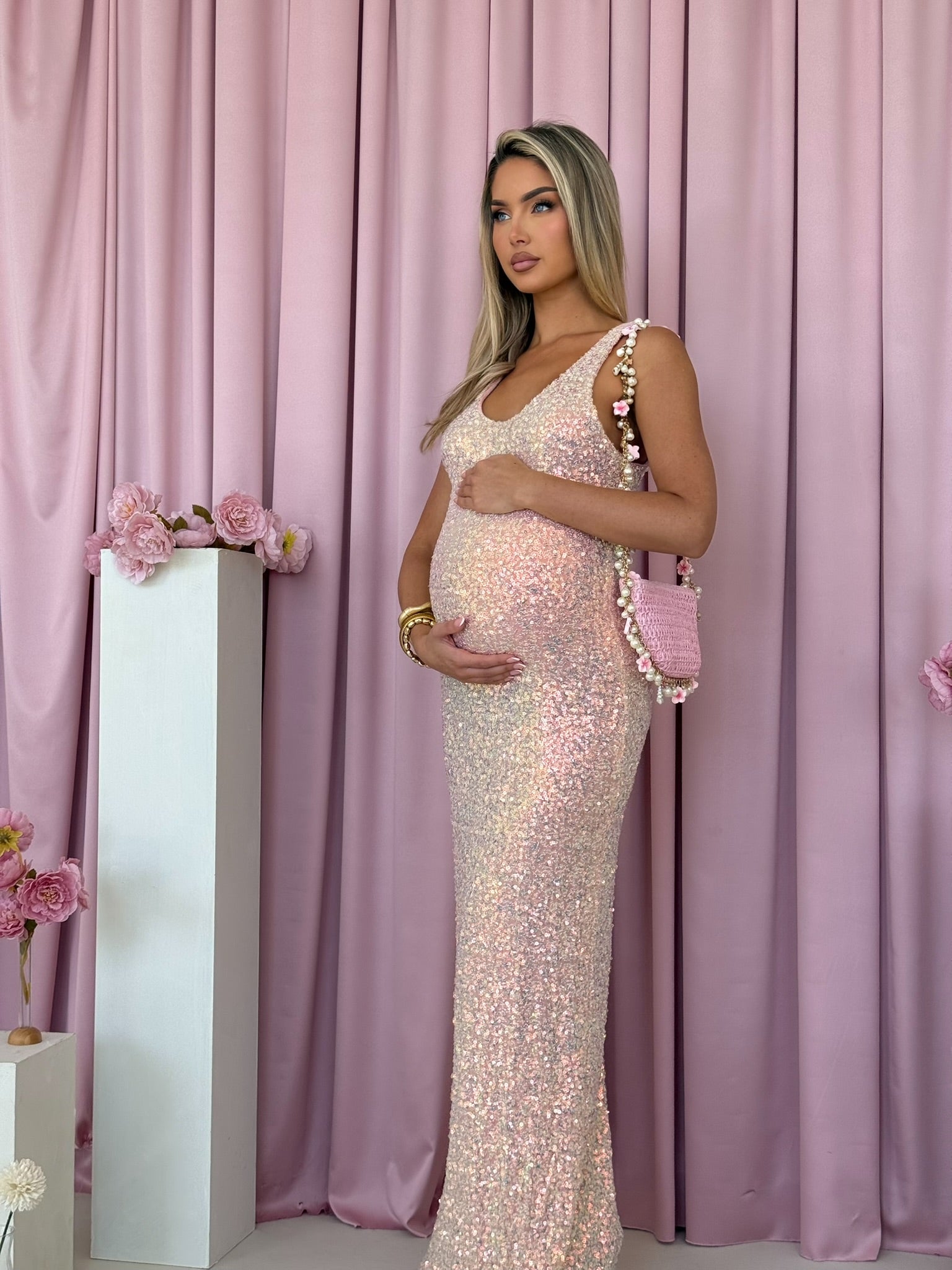 Coral Maternity Sequin Maxi Dress
