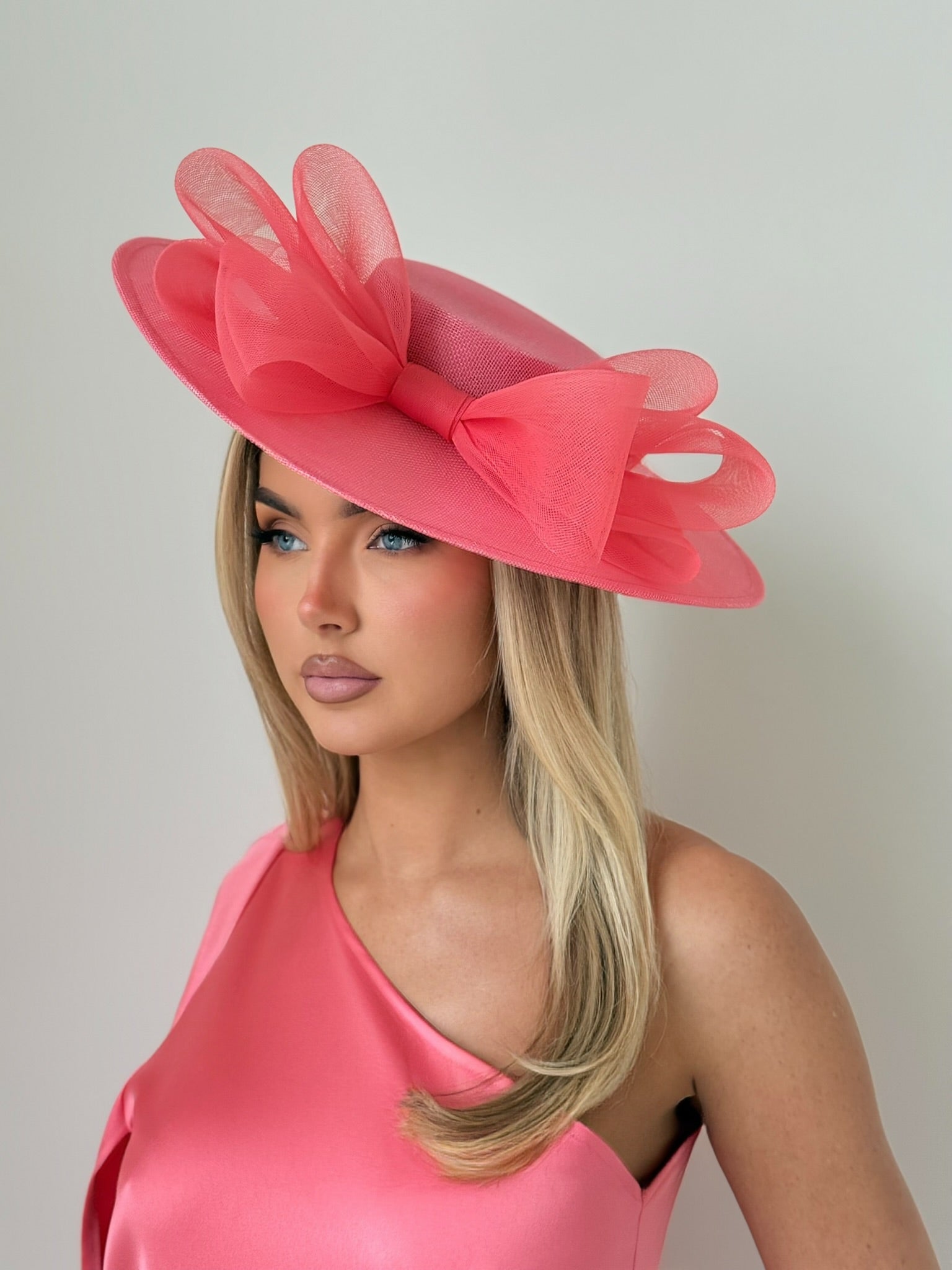 Rose Pink Oversized Bow Wide-Brim Fascinator Hat