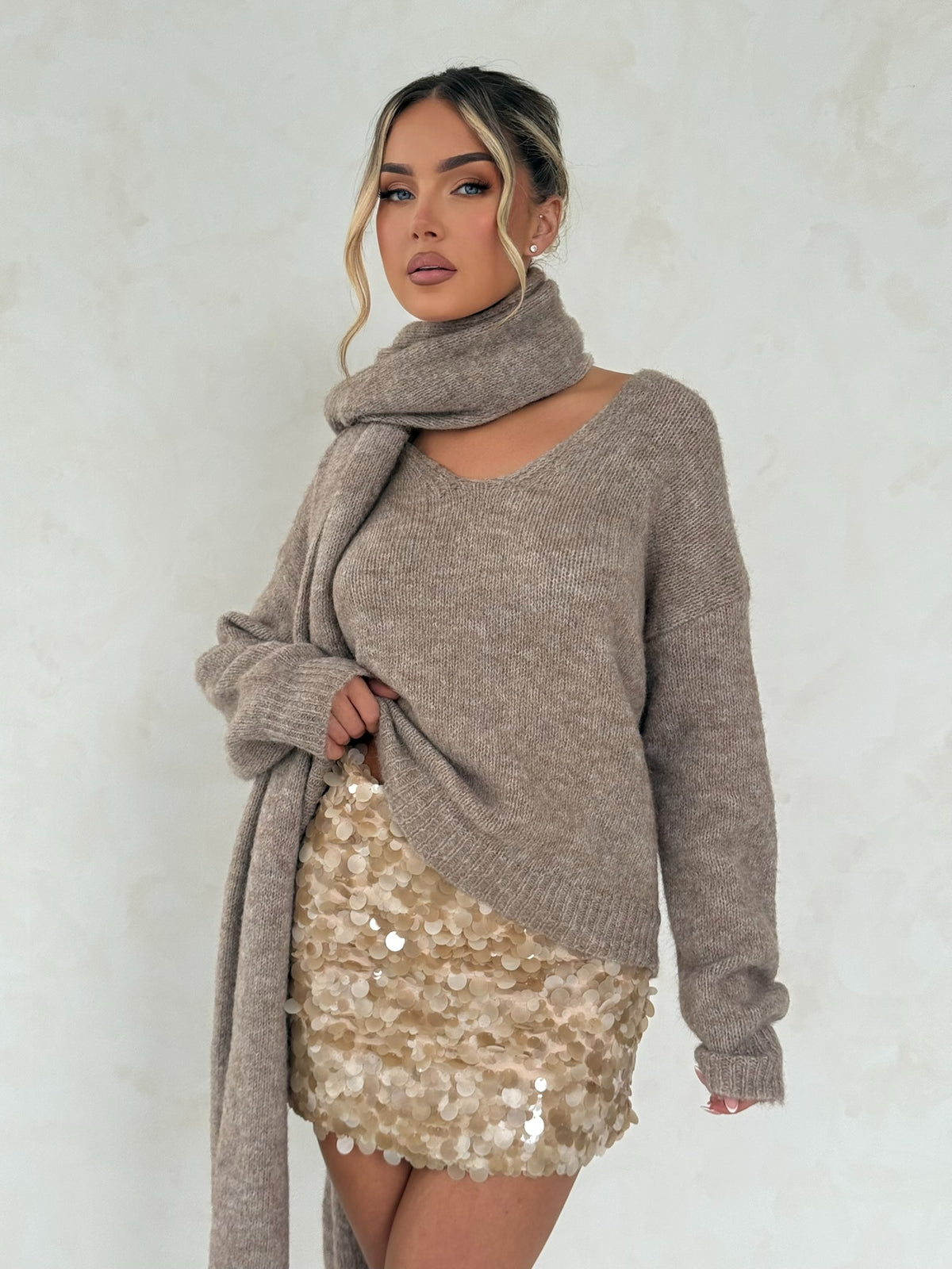 Taupe V Neck Jumper with Oversized Scarf