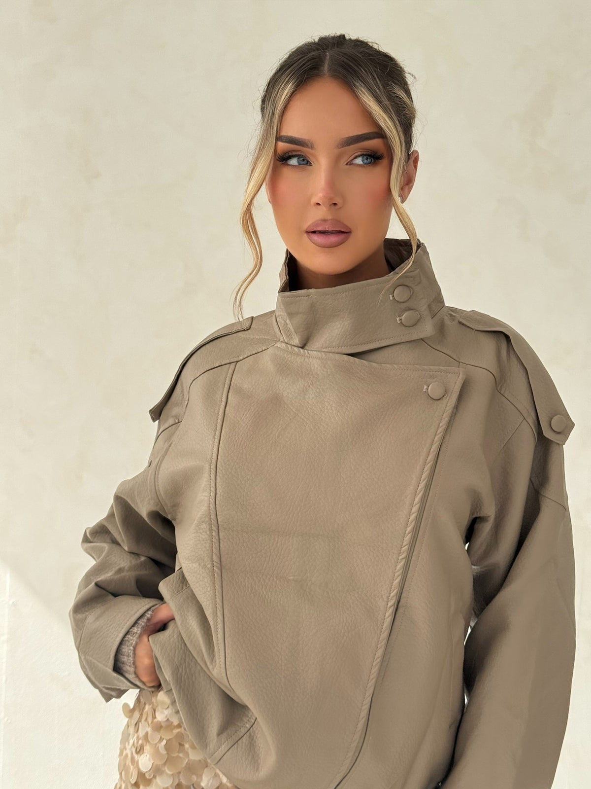 Taupe Faux Leather Utility Jacket