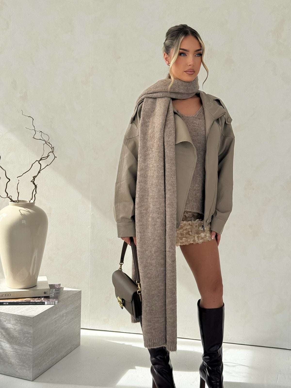 Taupe V Neck Jumper with Oversized Scarf