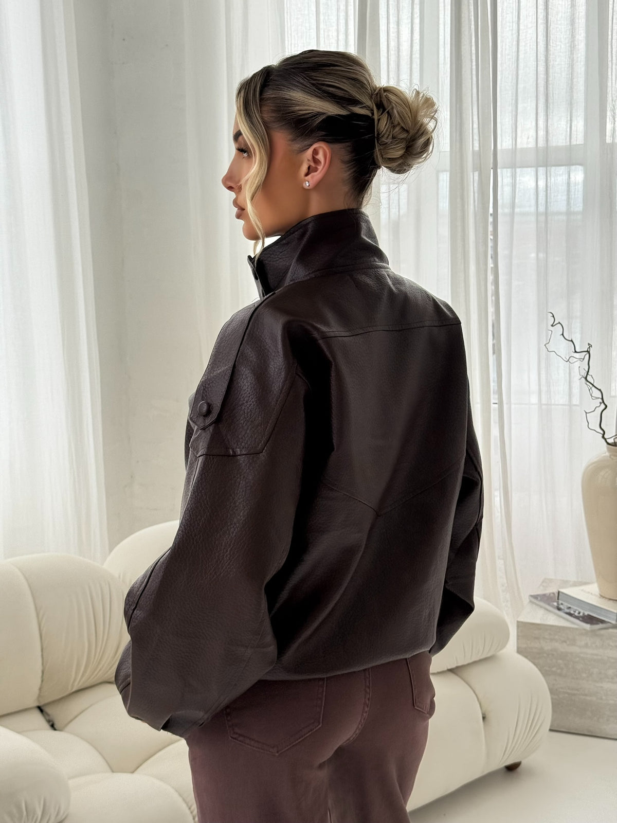 Chocolate Brown Faux Leather Utility Jacket