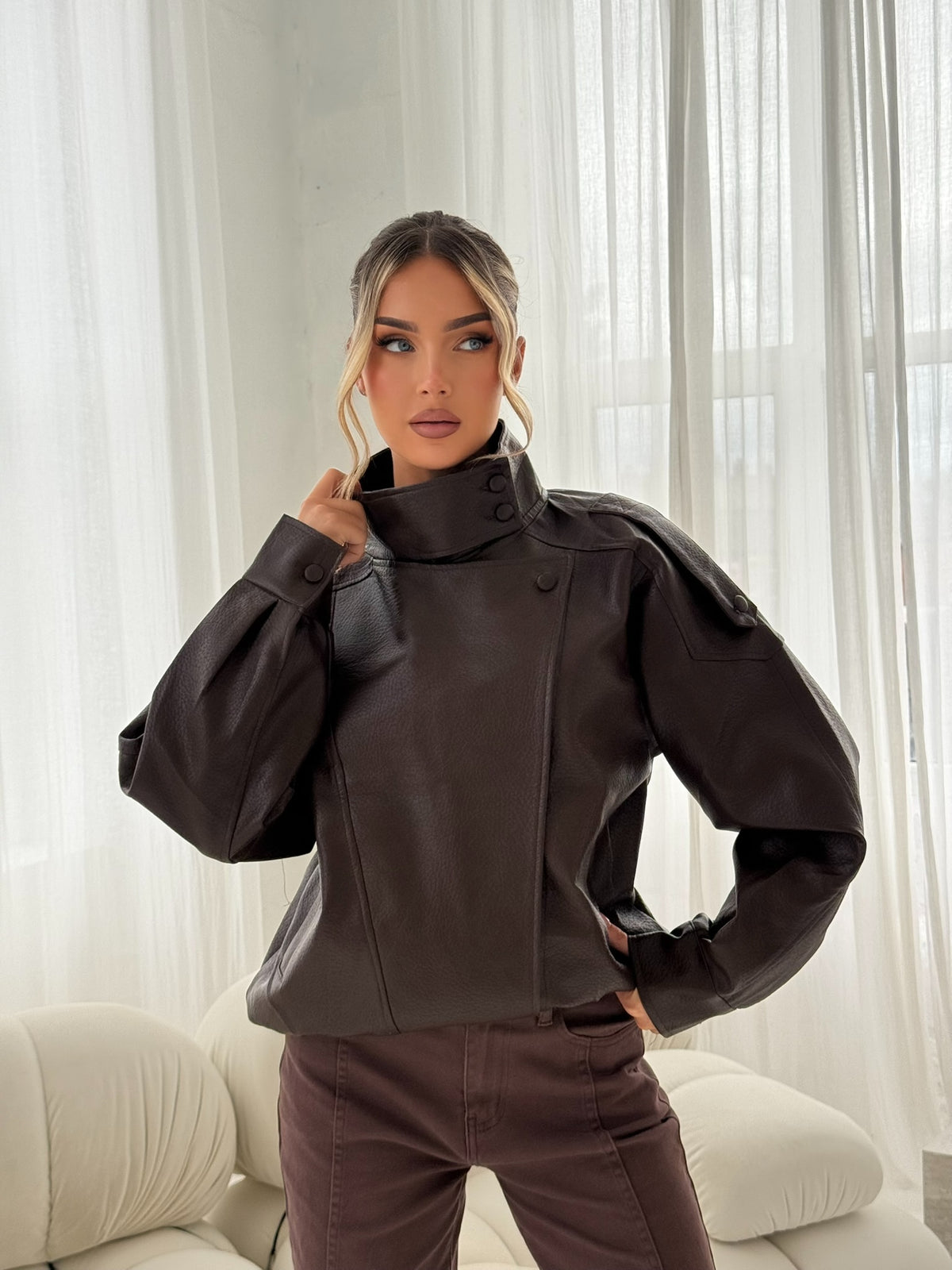 Chocolate Brown Faux Leather Utility Jacket