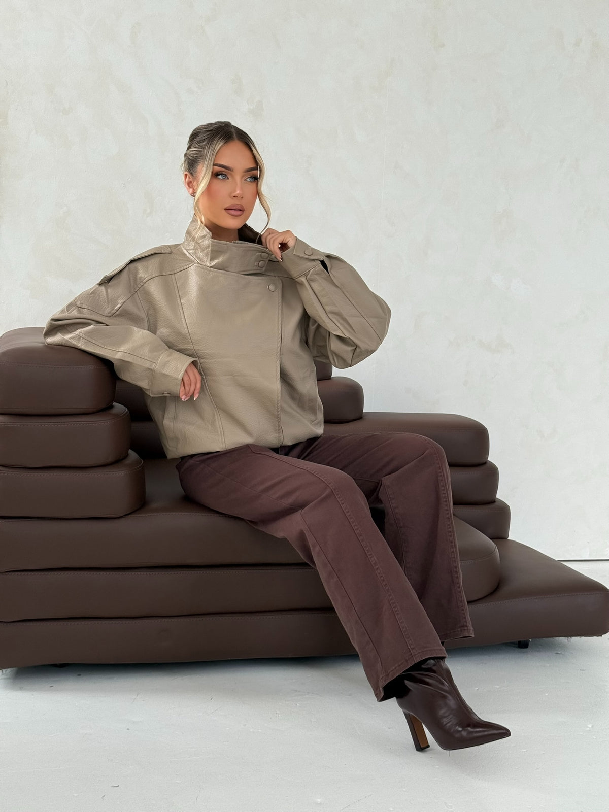 Taupe Faux Leather Utility Jacket