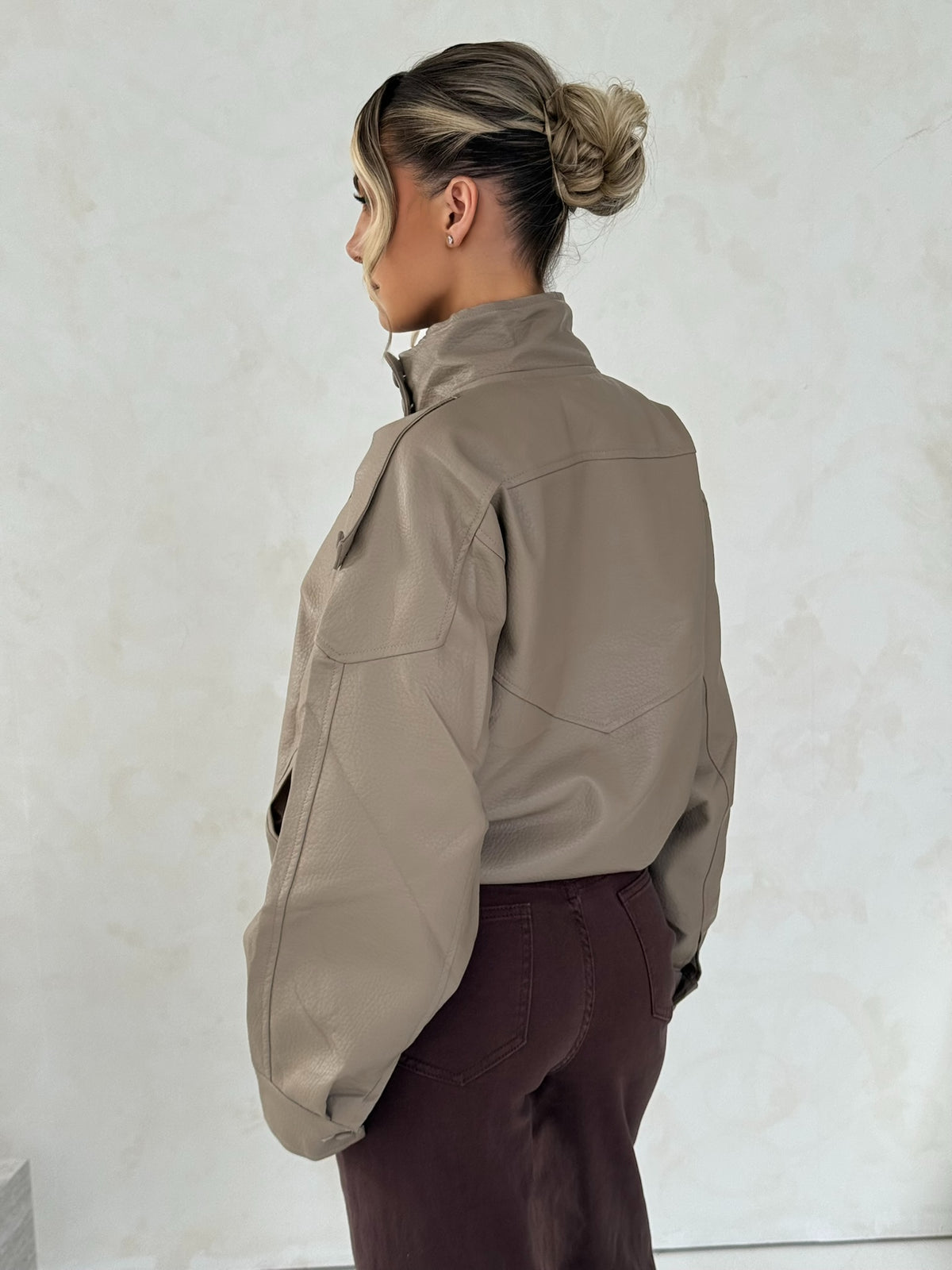 Taupe Faux Leather Utility Jacket