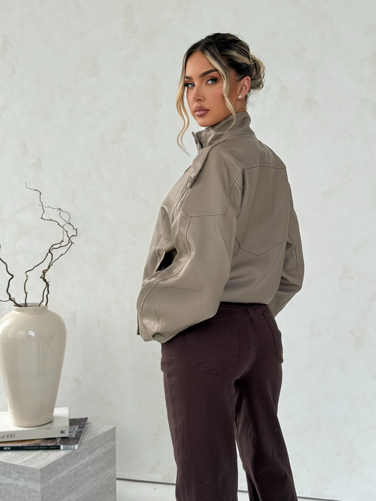 Taupe Faux Leather Utility Jacket