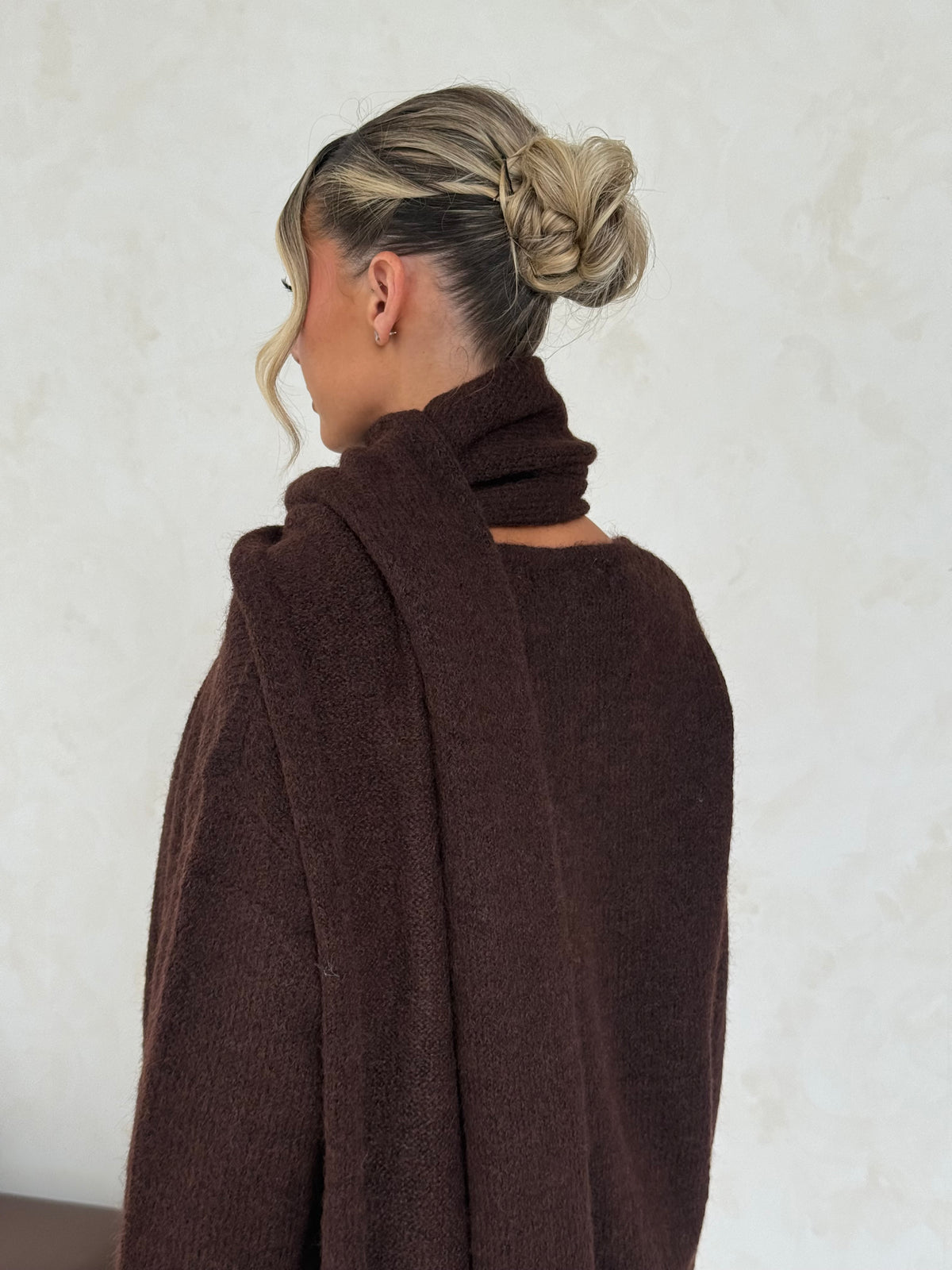 Chocolate Brown V Neck Jumper with Oversized Scarf