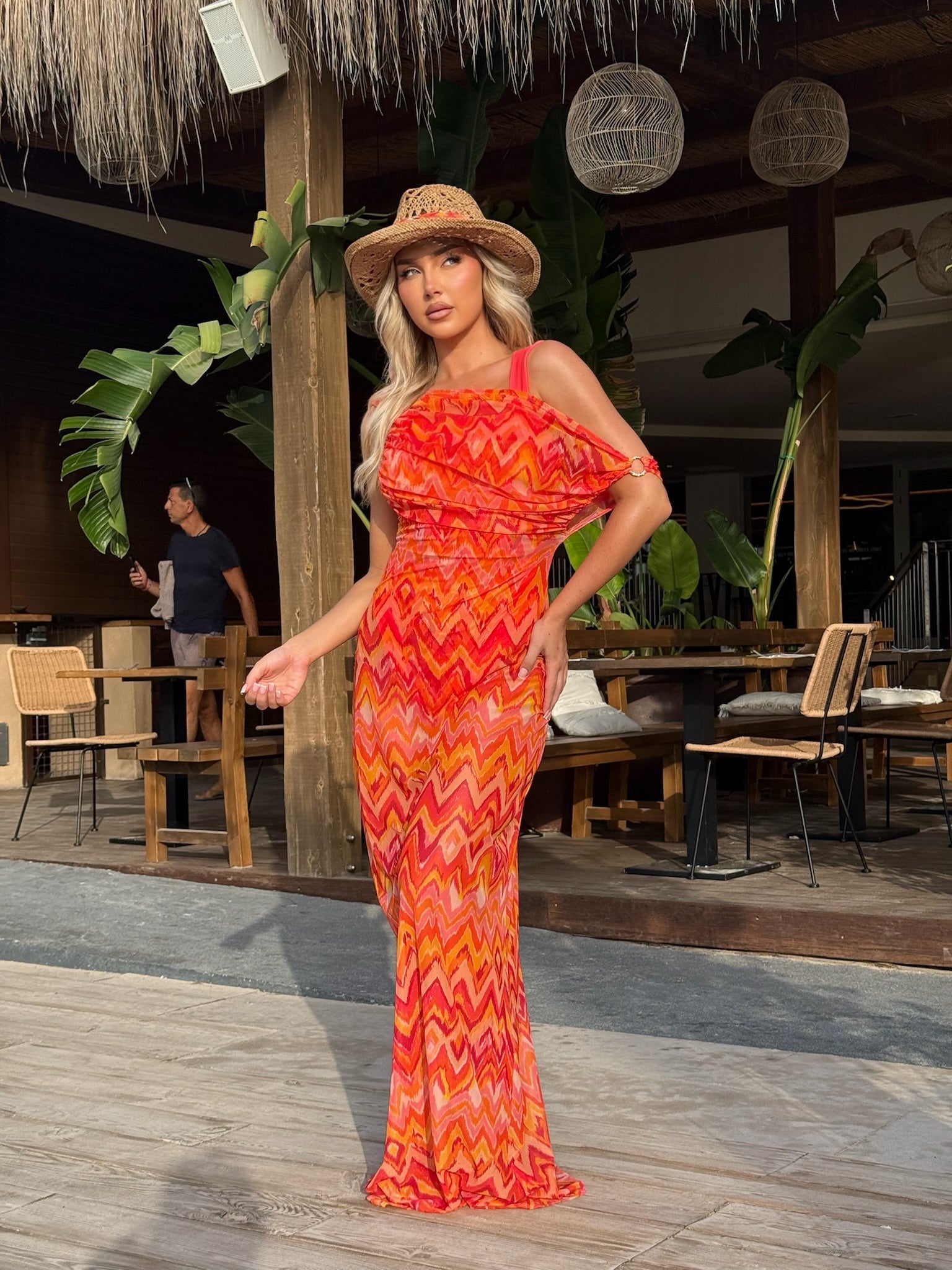 Marrakesh Orange Gold Ring Detailing Mesh Dress